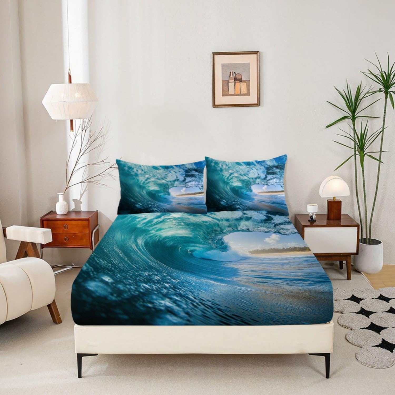 Motif de Vagues DéChaîNéEs Respirant Drap Housse 200x200 cm Bleu Clair Drap-Housse en Microfibre, Drap Plat 2 Personnes, Parure de Lit avec 2 Taie d'oreillers pour Matelas Épais