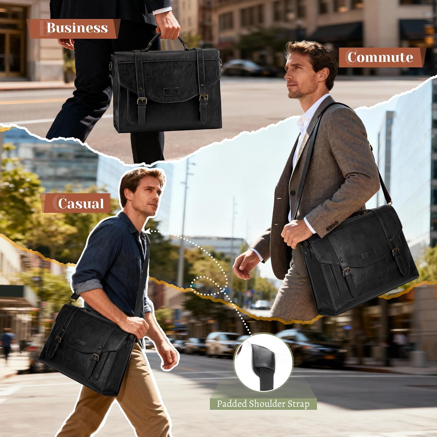 RAINSMORE Flap Messenger Bag for Men Vintage PU Leather Laptop Bag 15.6 Inch Retro Briefcase with Wallet Satchel Computer Bag - Image 4