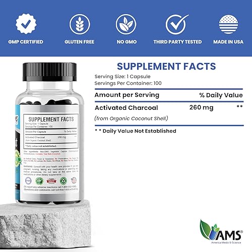 Miniatura 5 de America Medic & Science 1680 mg (100 cápsulas)  Suplemento de carbón activado para hombres y mujeres  Fabricado con cáscara de coco  Promueve una