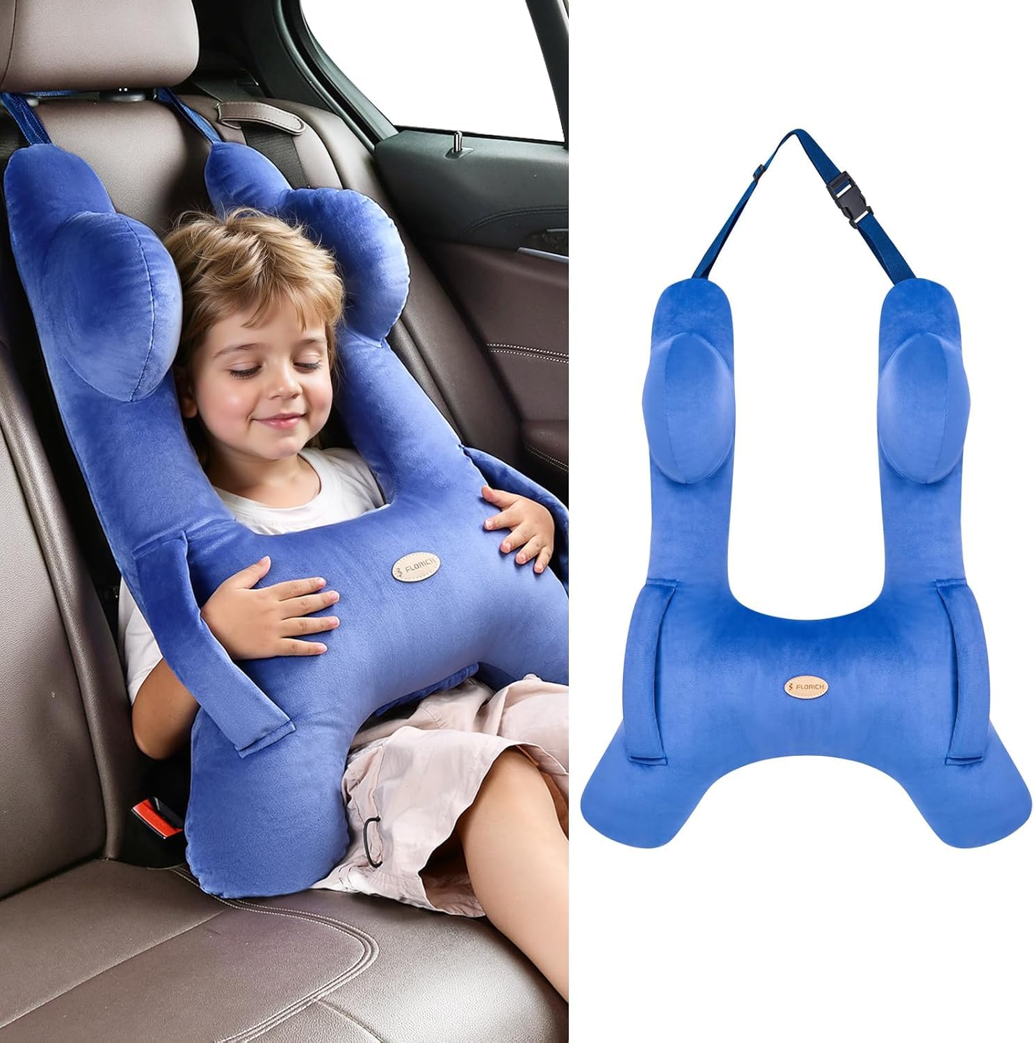 FLORICH Kinder Reisekissen, Schlafkissen Auto Kinder, Abnehmbares H förmiges Kissen Atmungsaktiv für Jungen und Mädchen und Erwachsene für Auto Urlaub (Blau)