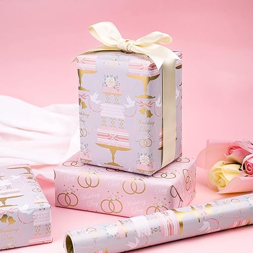 Miniatura 6 de WRAPAHOLIC Rollo de papel reversible para envolver bodas, mini rollo, 17 pulgadas x 33 pies, diseño floral de pastel y anillo, perfecto para bodas,