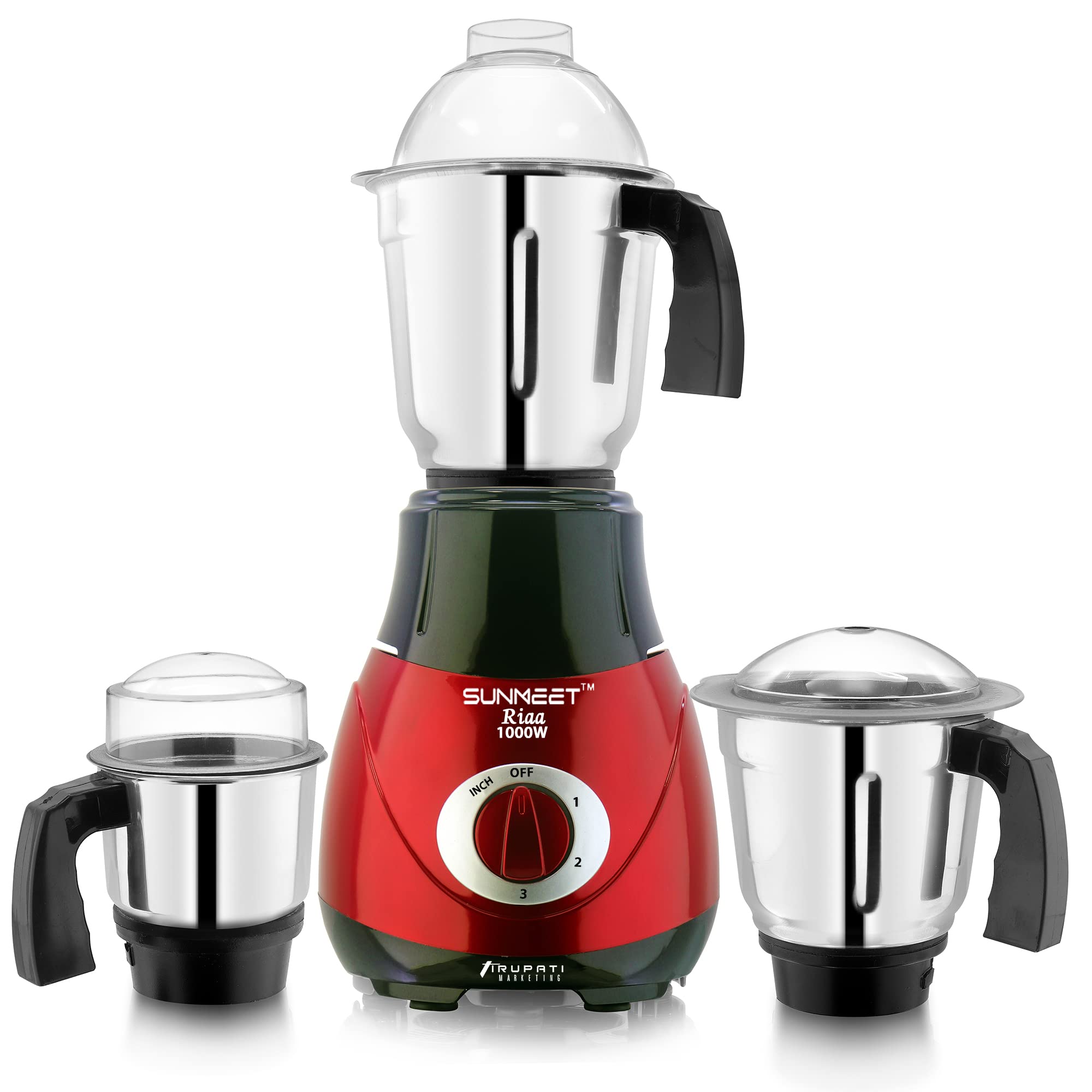 Sunmeet New Excellent Model RIAA 1000-Watts Mixer Grinder with 100% Copper Motor with 3 Heavy Aluminium base Stainless Steel Jars (Dry Jar, Chutney Jar, Liquid Jar) Red-Black.Company 37 Years of Servicing Marketing and Manufacturing Since 1984.