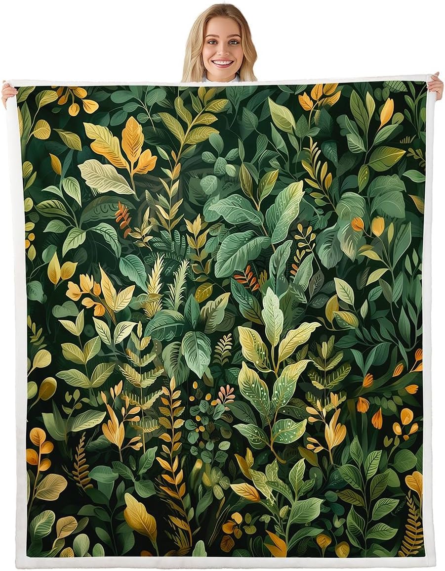 Erosebridal Dark Green Leaf Floral Twin 60"X80" Throw Bed Blanket for Kids Teen Adults,Rustic Plant Sherpa Blanket Spring Botanical Flowers Fleece Blankets Vintage Country Farmhouse Fuzzy Blankets