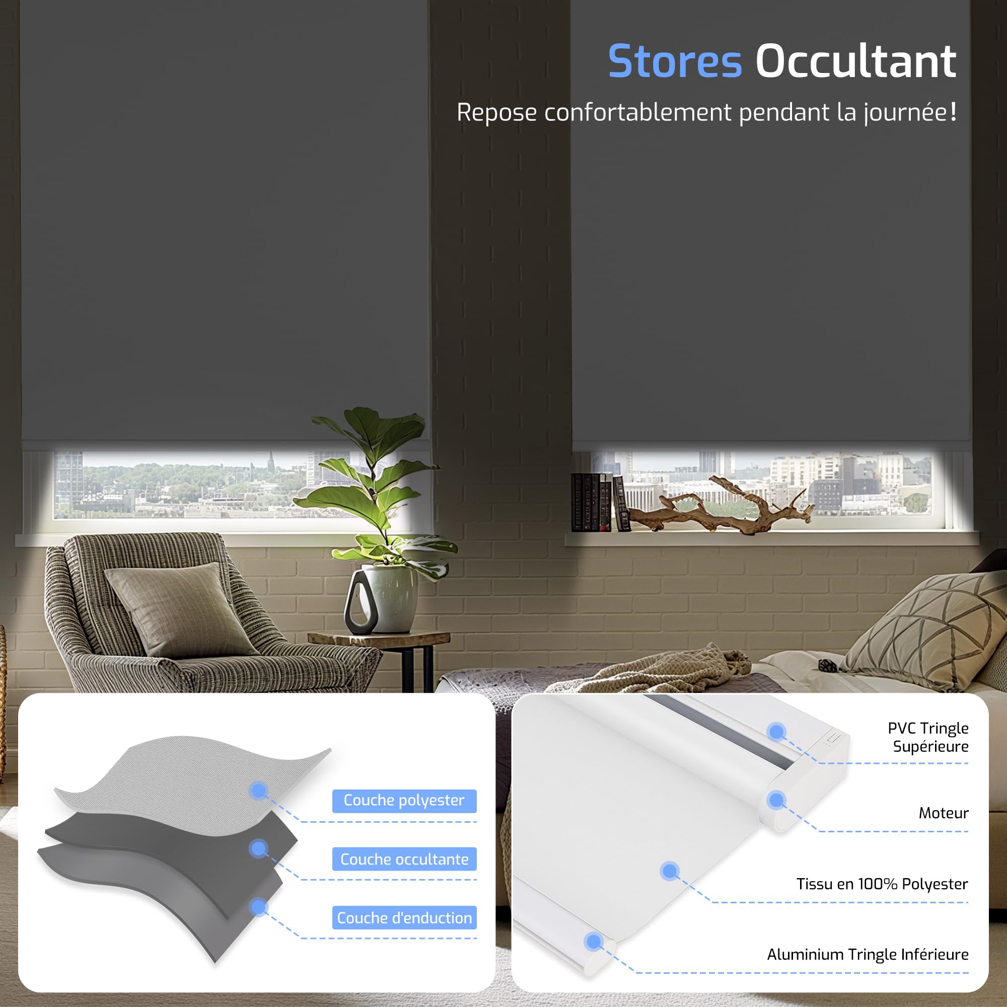 Grandekor Store Enrouleur Occultant sans Perçage Électrique 100x120cm
