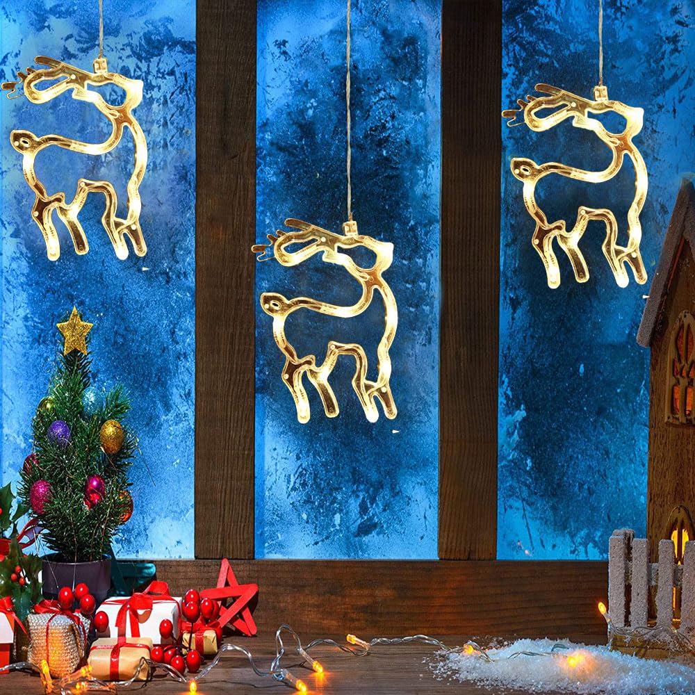 NPLSEO 3PCS Christmas Window Lights Decorations, LED Hanging Lights with Suction Cups, Battery Operated Xmas Window Light, 8 Lighting Modes, Warm White Glow for Indoor Holiday Decor (C)