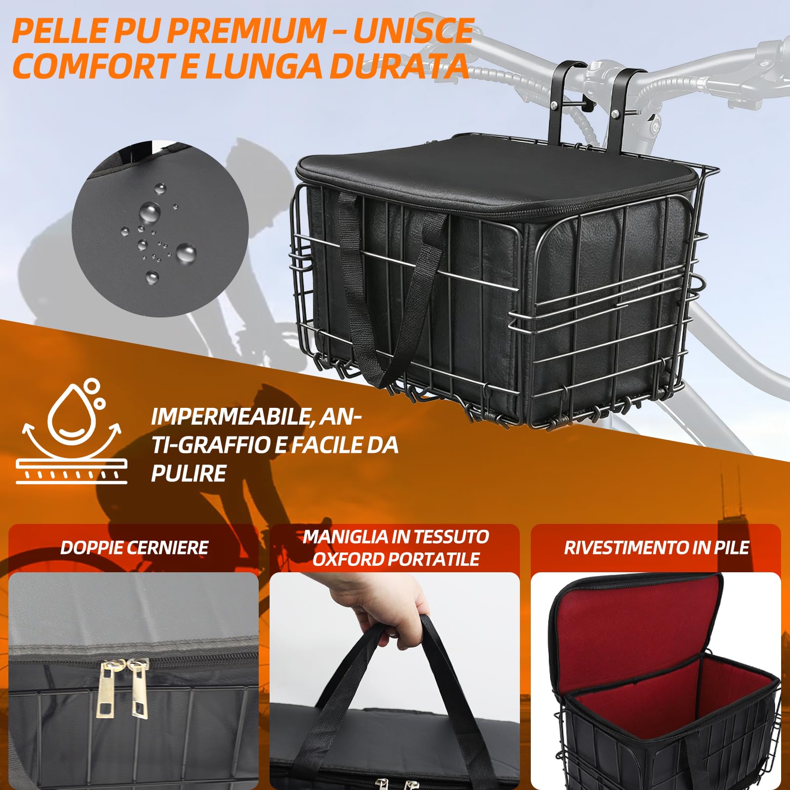 Cestino da bicicletta unisex per bicicletta, rimovibile, grande capacità, adatto per e-bike, mountain bike, city bike e biciclette per il tempo libero. (cestino pieghevole anteriore)