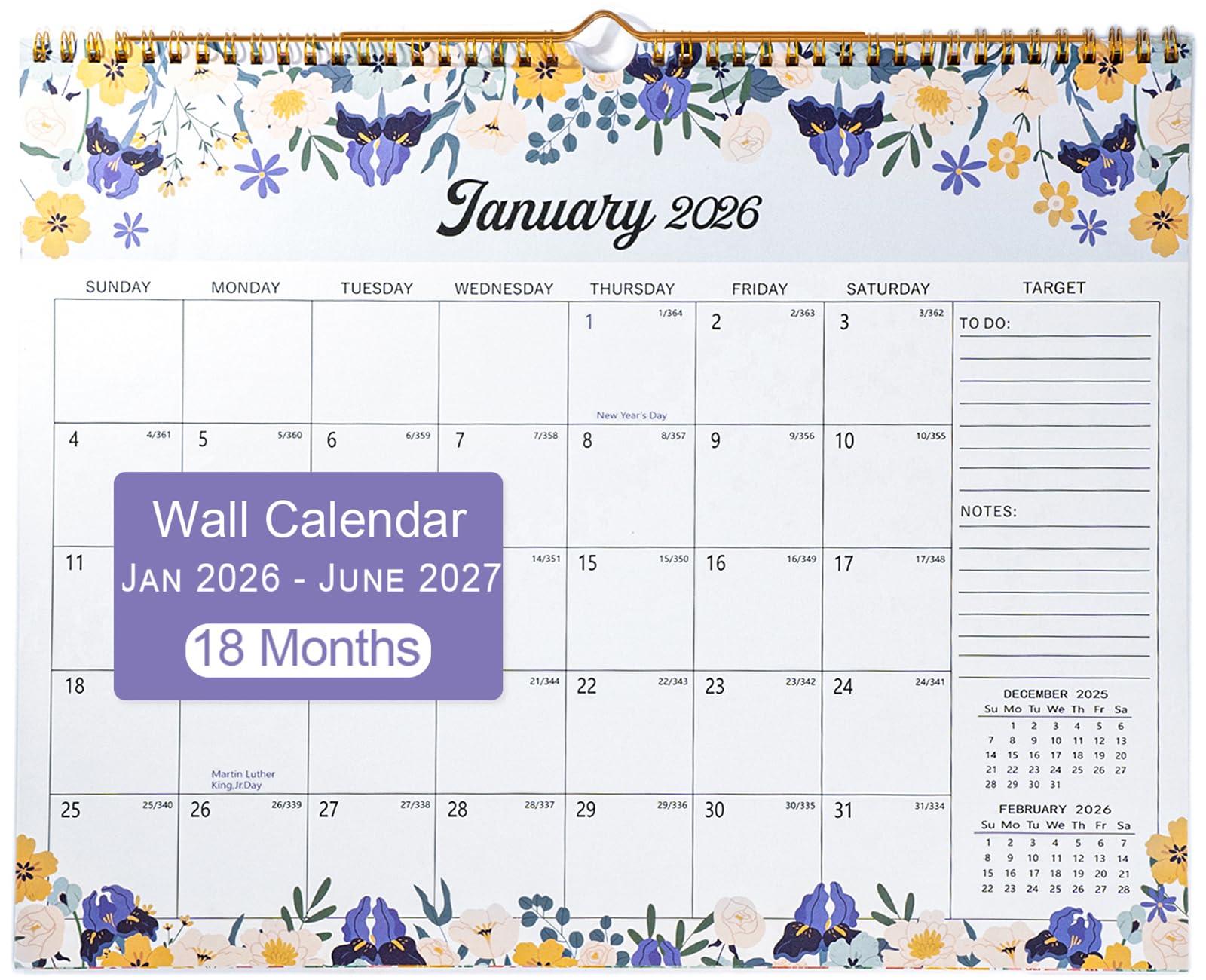 Calendario 2026-2027, calendario de pared de 18 meses de enero de 2026 a junio de 2027, 14.5 x 11.5 pulgadas, calendario de pared colgante con encuadernación en espiral, perfecto para el hogar u