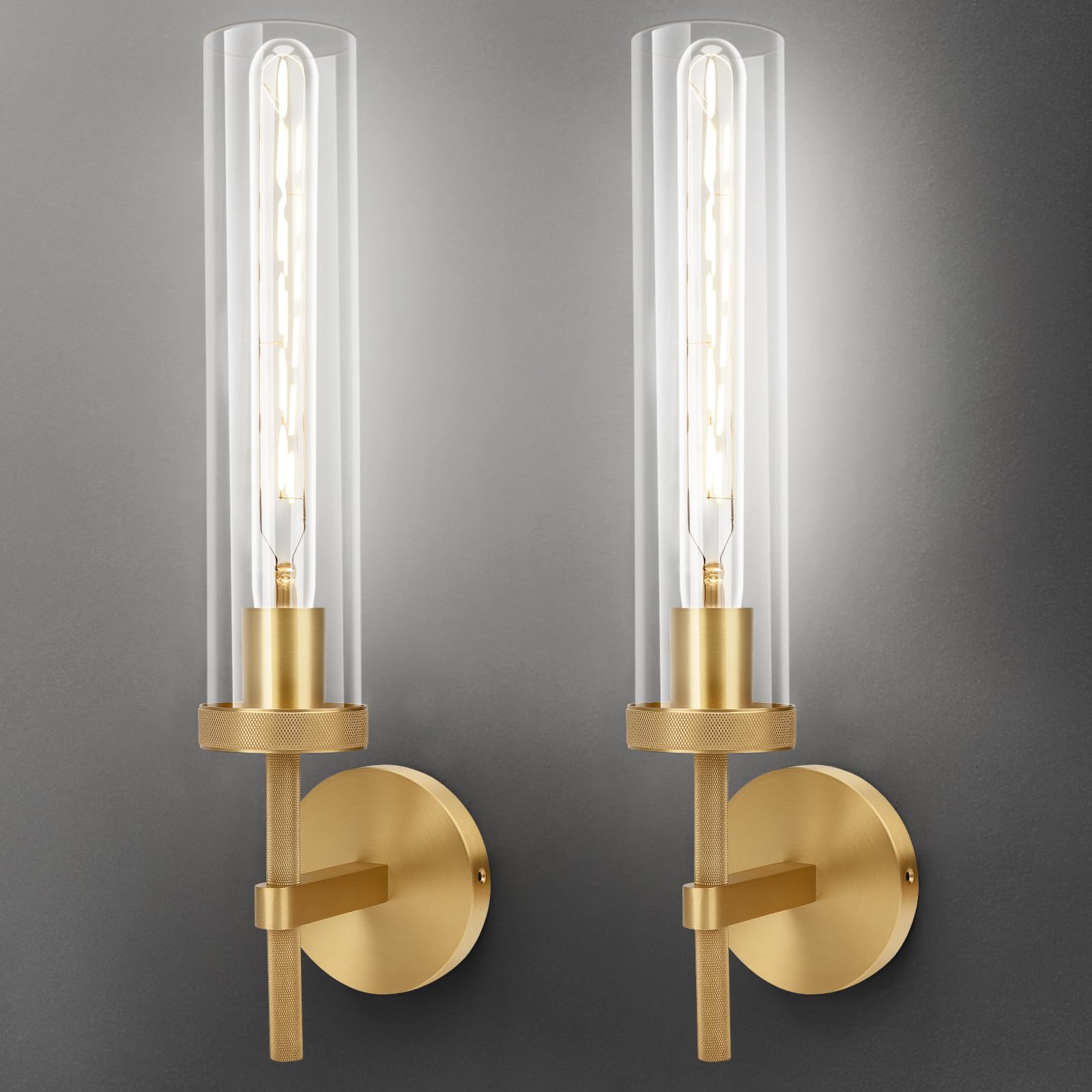 Brass Wall Sconces Set of Two with White Lights, 19.5'' Brushed Brass Knurled Bathroom Sconces Wall Lighting Vanity Light with Clear Glass for Living Room Mirror Bedroom Stairs