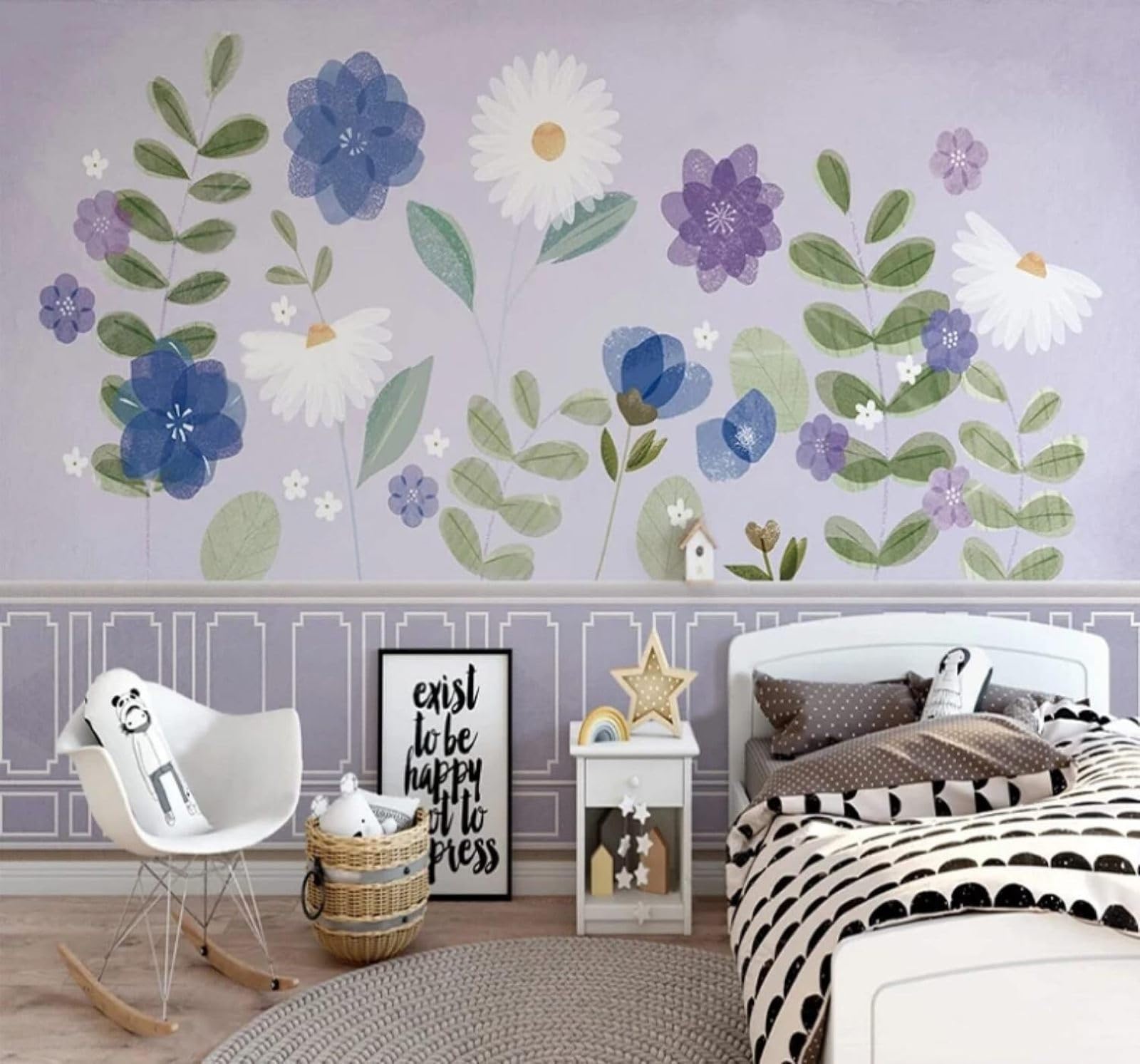 Wallpaper-3D-Xlm 300Cm×210Cm(B×H) Beautiful Hand Drawn Plants Purple Flowers 3D Wallpaper Easy Install Feature Office Living Room Sofa Bedroom Tv Background Wall Decoration-300Cm×210Cm