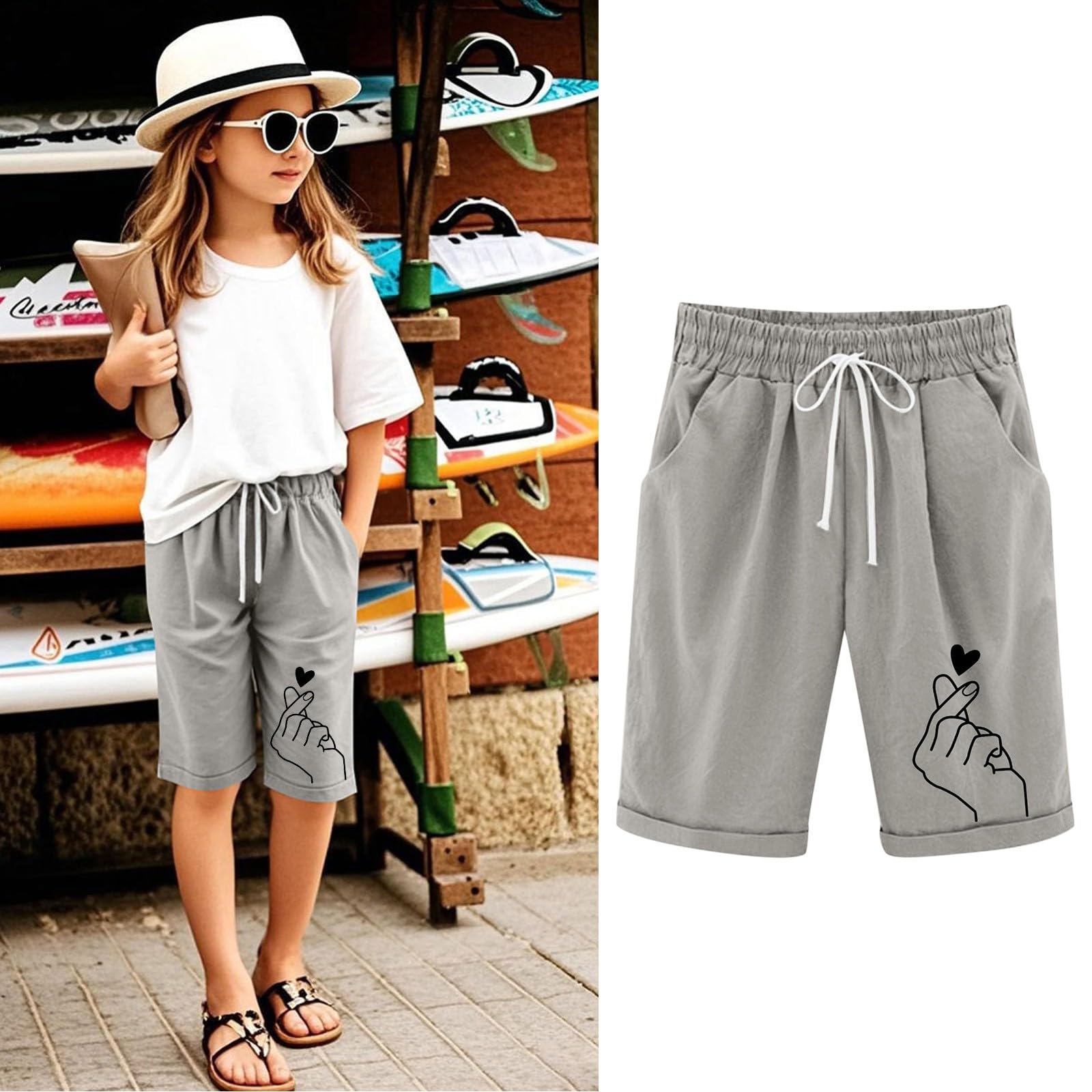 Generisch Leinenhose Kurze Mädchen Leicht Shorts Sommer Freizeit Hose Baumwolle Leinen Strandshorts Elastische Taille Sommerhose Elegant Einfarbig Stoffhose mit Taschen Sweatshorts
