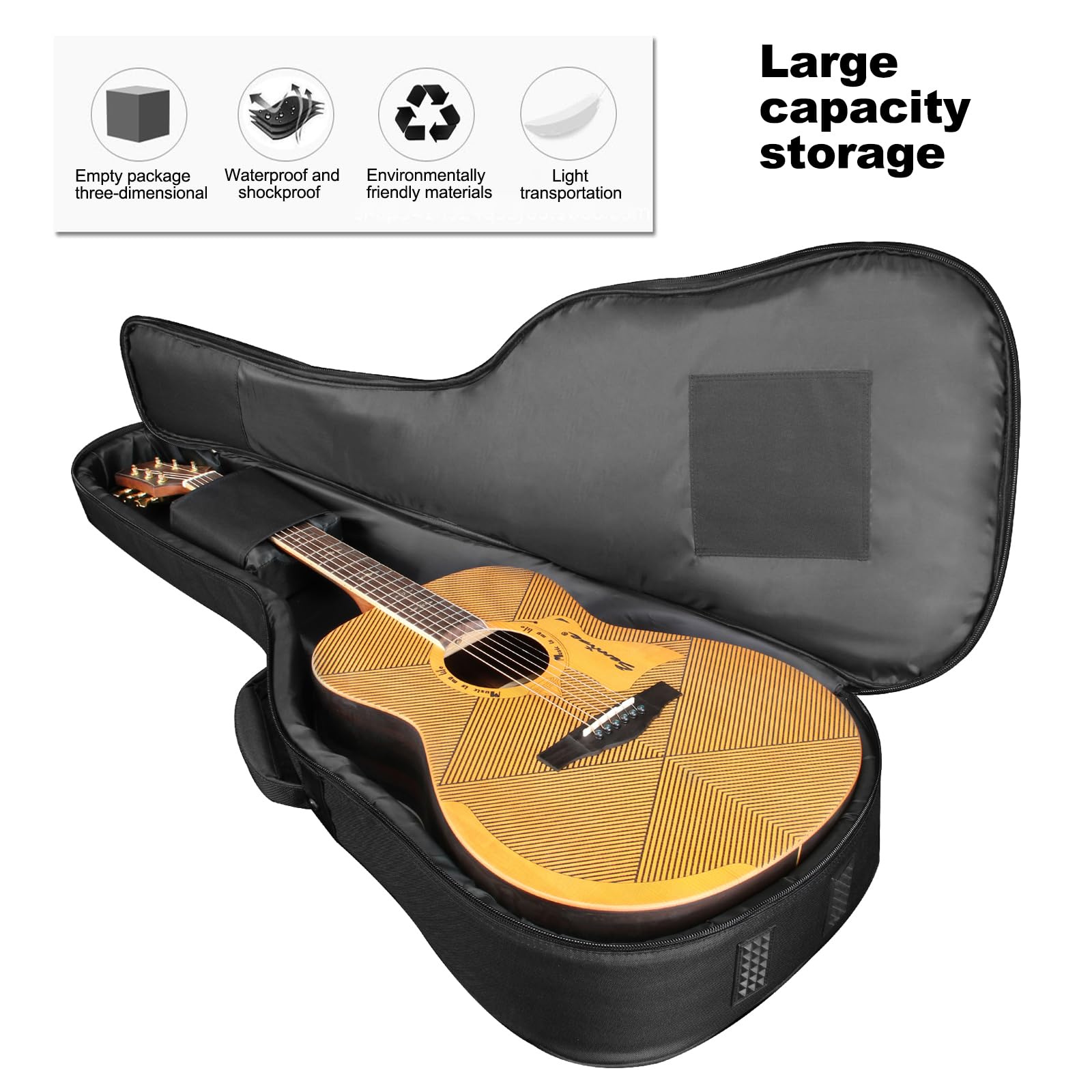 Gitarrentasche für Akustikgitarre, wasserdicht, 104,1 cm, Gitarrentasche mit 2 Taschen, Schwarz , Modern