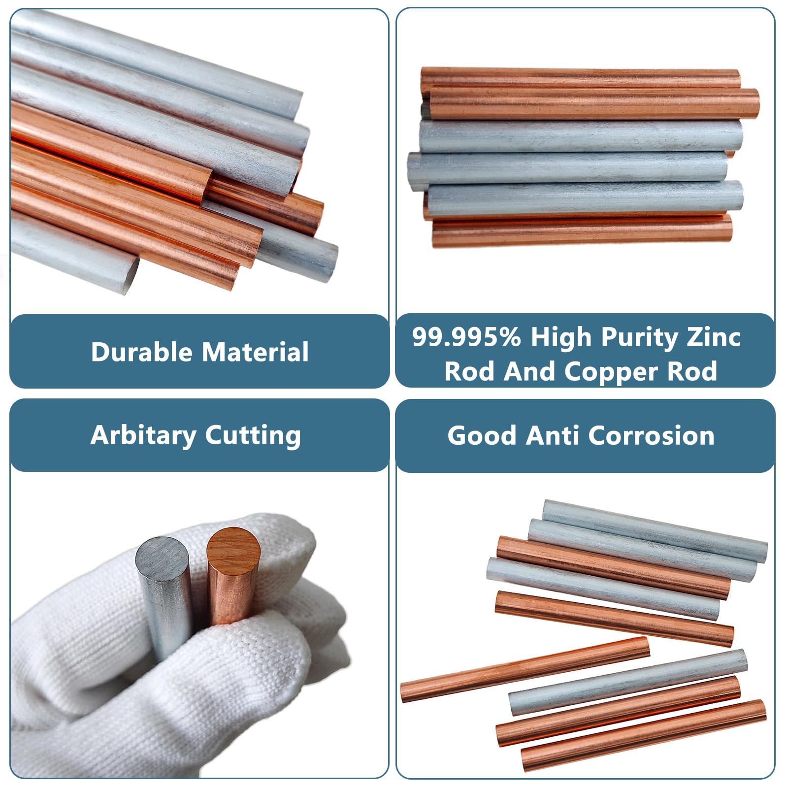 2 varillas de zinc de cobre puro 99.995% de 3/8 pulgadas de diámetro, 4 pulgadas de longitud, barra sólida de cobre desnudo de zinc para la escuela, pasatiempos científicos, manualidades (2