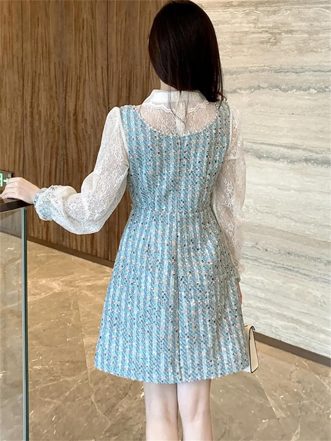 Women Patchwork Tweed Beaded Elegant Dress for Lapel Long Sleeve High Waist Woolen Dress