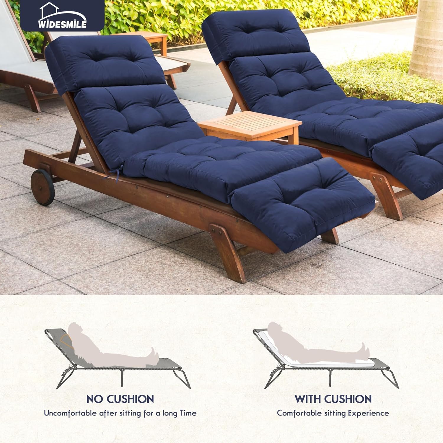 widesmile 189 x 58 x 12 cm, cuscino per sdraio impermeabile, blu | Design spesso, cuscinetti antiscivolo, per uso interno ed esterno, cuscini di ricambio per sedie da giardino reclinabili