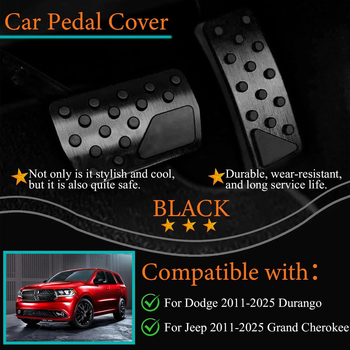 2Pcs Aluminum Alloy Pedal Cover for Jeep Grand Cherokee 2011~2025/for Dodge Durango 2011-2025 No Drilling Aluminum Brake and Accelerator Pedal Covers,Black