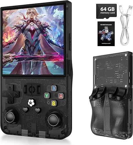 R36MAX - Consola de juegos portátil, pantalla IPS de 4.0 pulgadas, sistema Linux con tarjeta TF de 64 GB, consola de juegos retro, consola de juegos