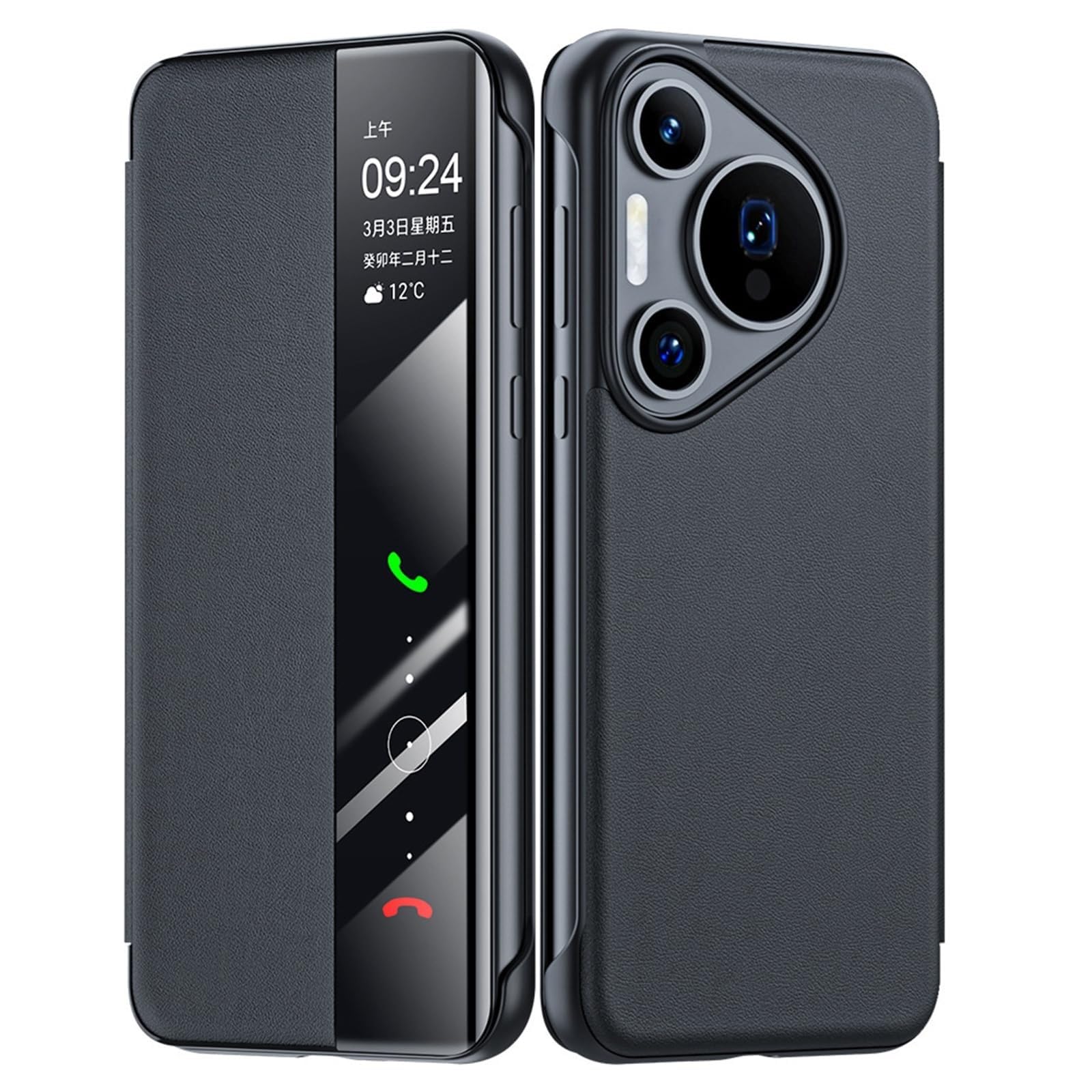 Étui Huawei Pura 70 Pro à fenêtre transparente et cuir fin noir