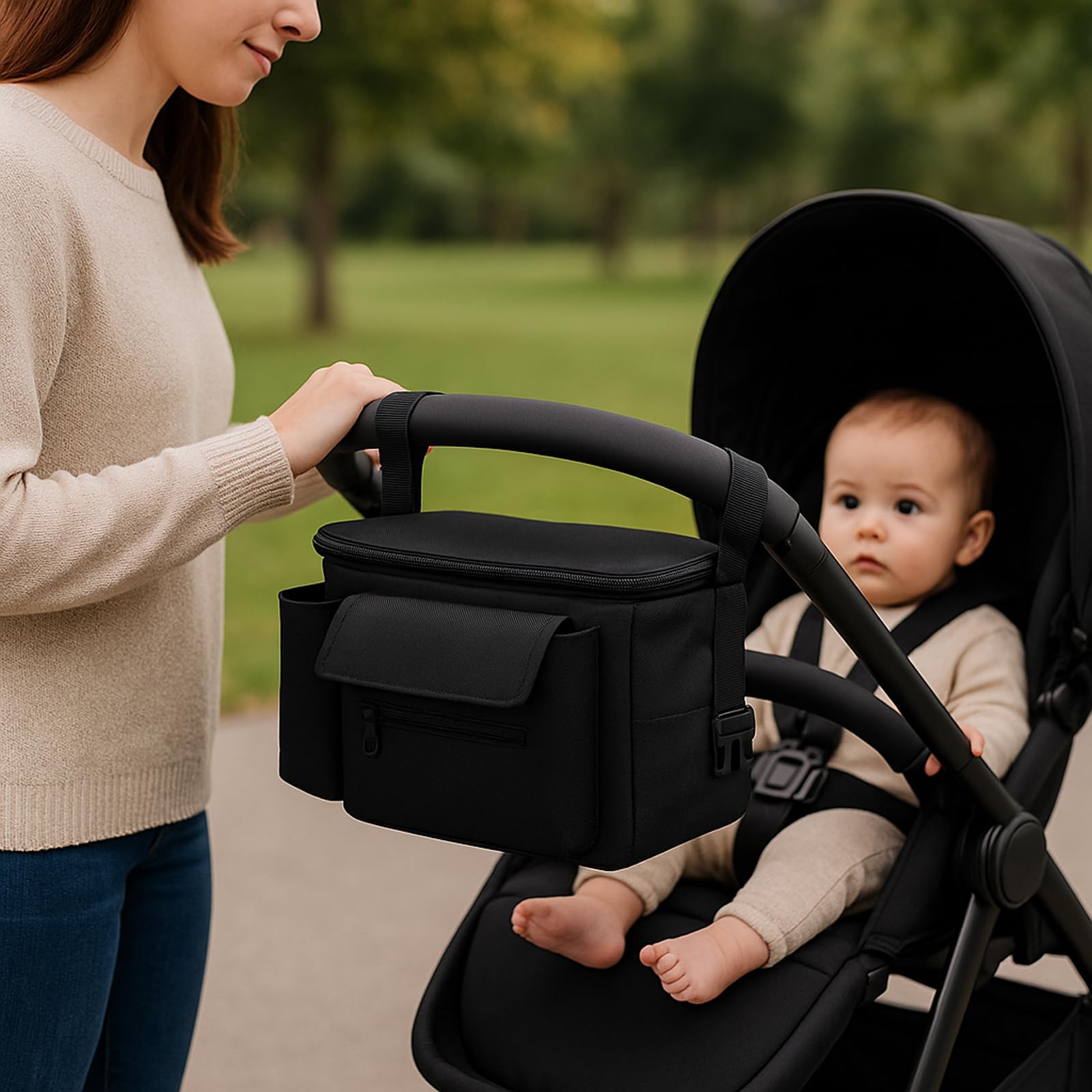 bolsa carro bebe, bolso carrito bebe, bolso para carro bebe, bolso bebe, bolsa carrito bebe, bolsos carro bebe Compatible con Doona, Baby Jogger y Uppababy (negro)