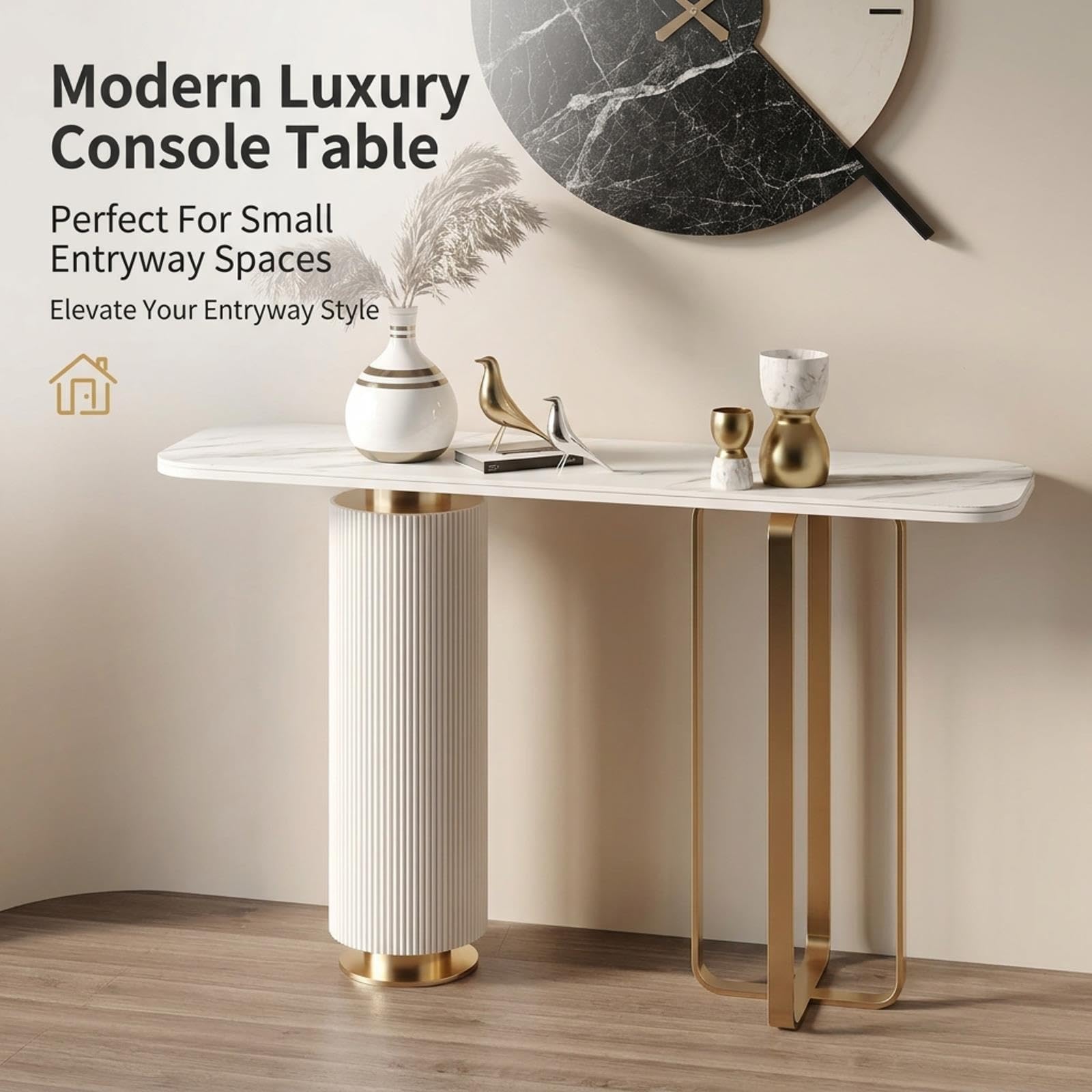 Mesa Consola Moderna con Tablero y Base de Piedra Sinterizada, Mesa Consola