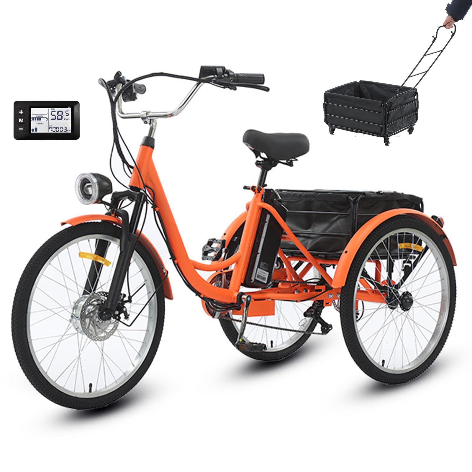 Triciclo elettrico per adulti da 24 pollici, 7 velocità, motore da 250 W, batteria da 36 V 13 Ah, autonomia di 35 km, ampio cestino, display LCD, faro anteriore, bicicletta a tre ruote aranc