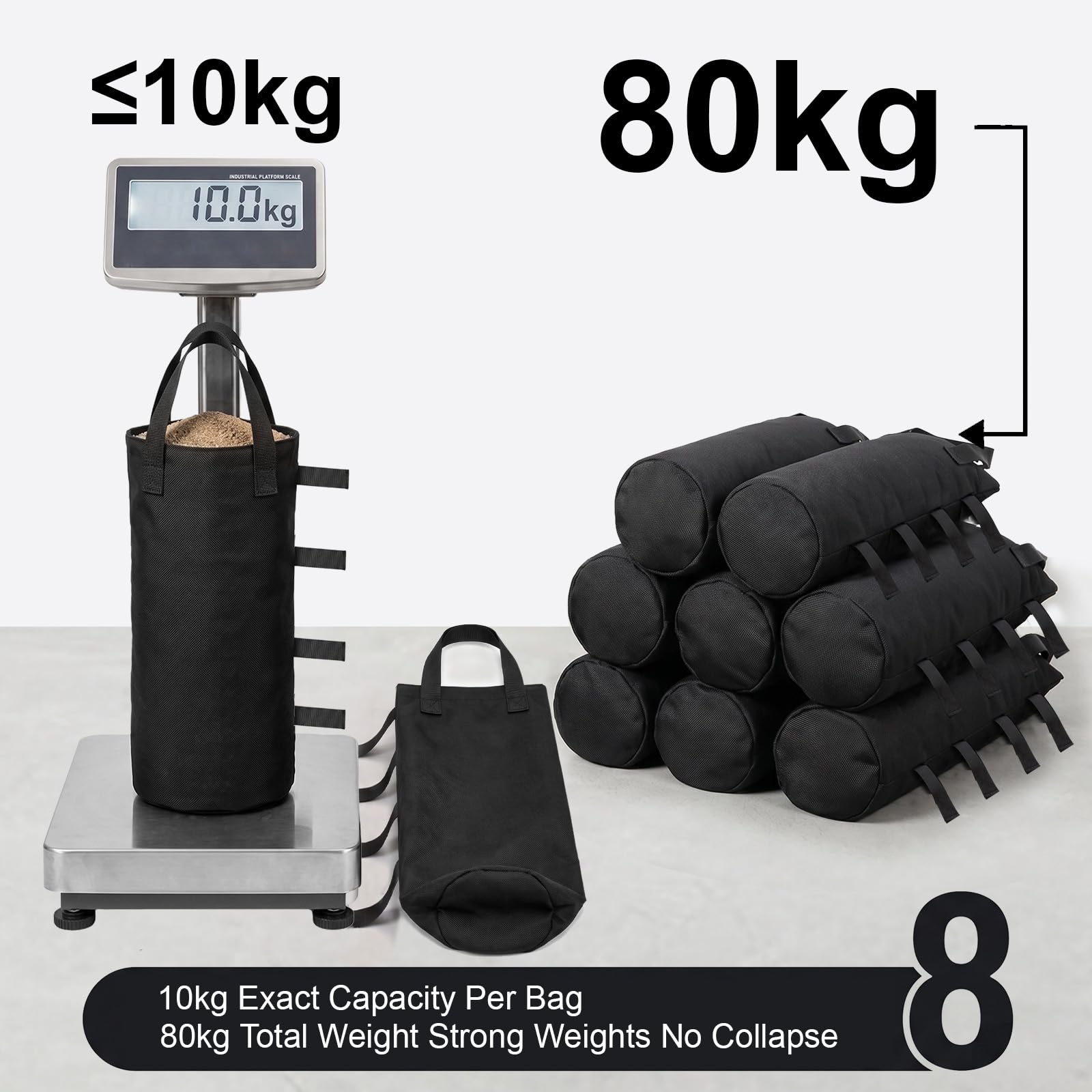 8 Pesi per Gazebo, Tessuto Oxford 800D, 20 x 50 cm, Sacchi di Sabbia per Pesare con Pala e Custodia, per Tende, Ombrelloni, Campeggio e Fotografia, Nero
