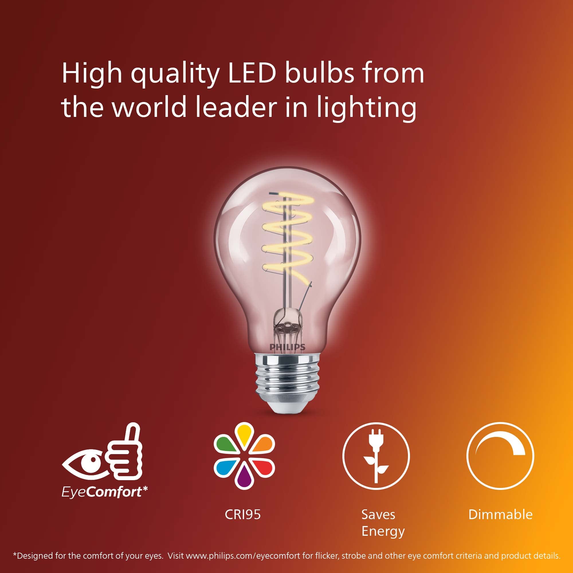 PHILIPS LED 40W A19 4-Pack Vintage Edison Soft White (2700K) 500 Lumen (55W 40W) Dimmable Flicker-Free Light Bulbs