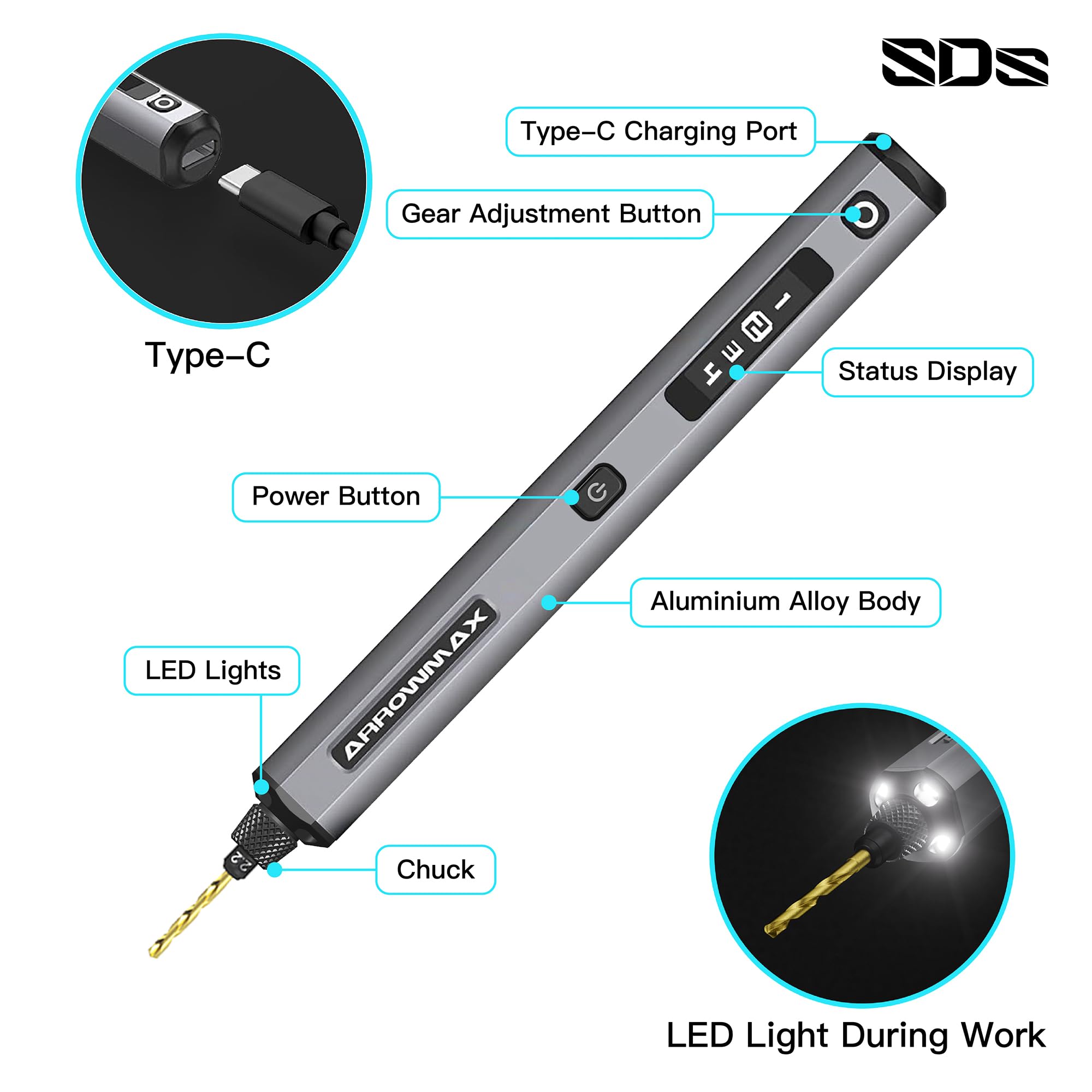 Mini trapano elettrico a 5 velocità con pressa da banco Hedgehog, 10 punte piccole ARROWMAX con scatola in alluminio, display OLED, luci LED, mandrino autoserrante da 3/32 pollici (SDS ULTRA PLUS)