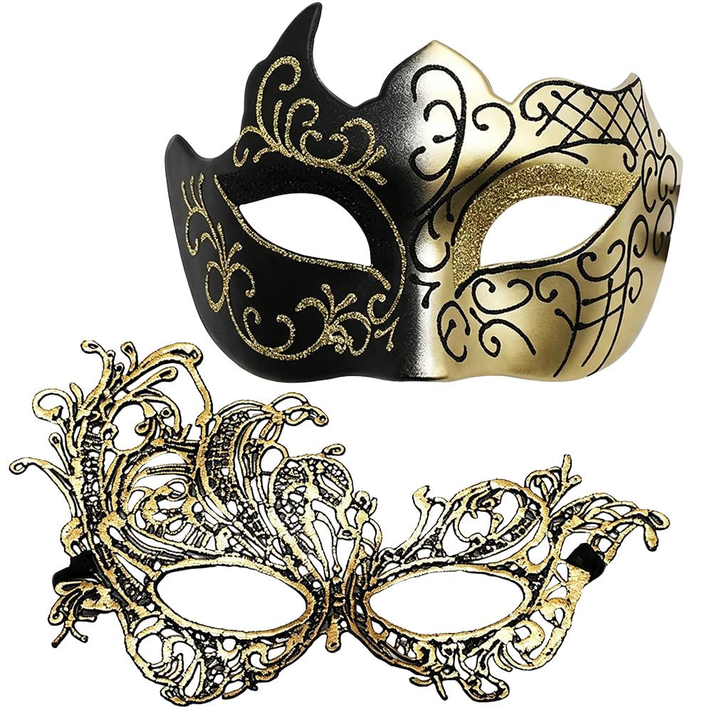 HAJXXMM Couple Mask Masks, Venetian Masquerade Masquerade Mask, Costume Masks for Women Men Halloween Carnival Party -Black & Gold