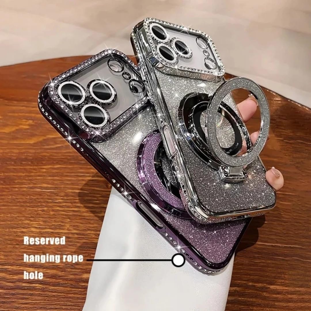 Funda magnética Transparente con Purpurina de Diamante para iPhone 17 16 13 14 15 Pro MAX con protección de Lente y Cubierta Trasera (para iPhone 14 Pro MAX/Plateado)
