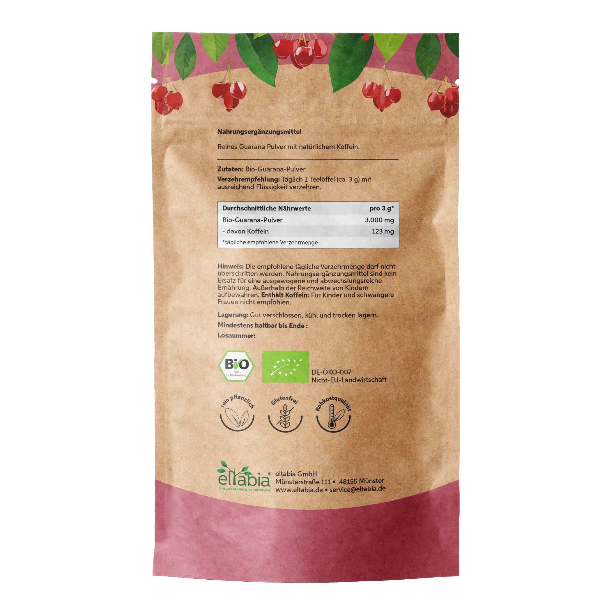 Poudre de Guarana biologique 500g issu de l'agriculture biologique contrôlée, caféine 100% pure et naturelle