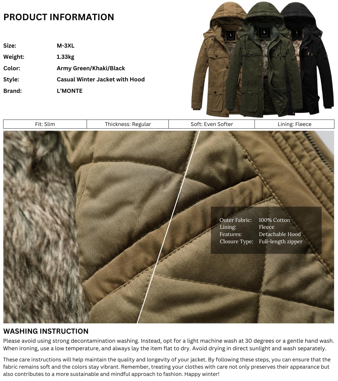 L'MONTE Men's Heavy-Duty Long Length Winter Jacket Cotton Outdoor Coat with Fleece Lining, Detachable Hood, and Multi-Pockets Warm, Windproof & Stylish for Cold Weather (3XL, Army Green) 3