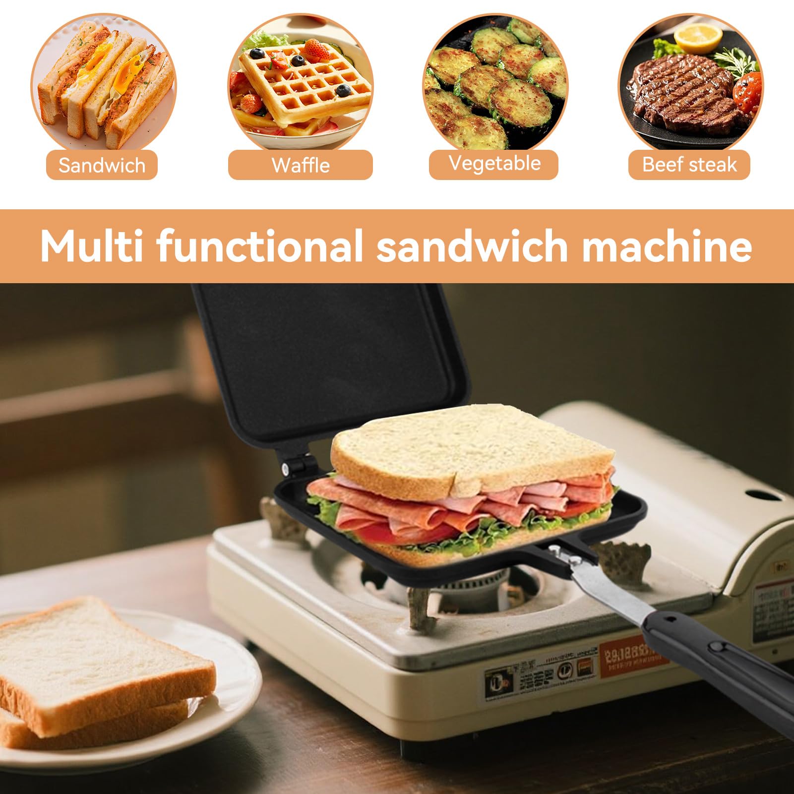 Machine à Sandwich Double Face Machine à Toastie Antiadhésive à Gaz, Poêle à Sandwich, Grille Pain Panini Petit Pour Déjeuner, Camping (01