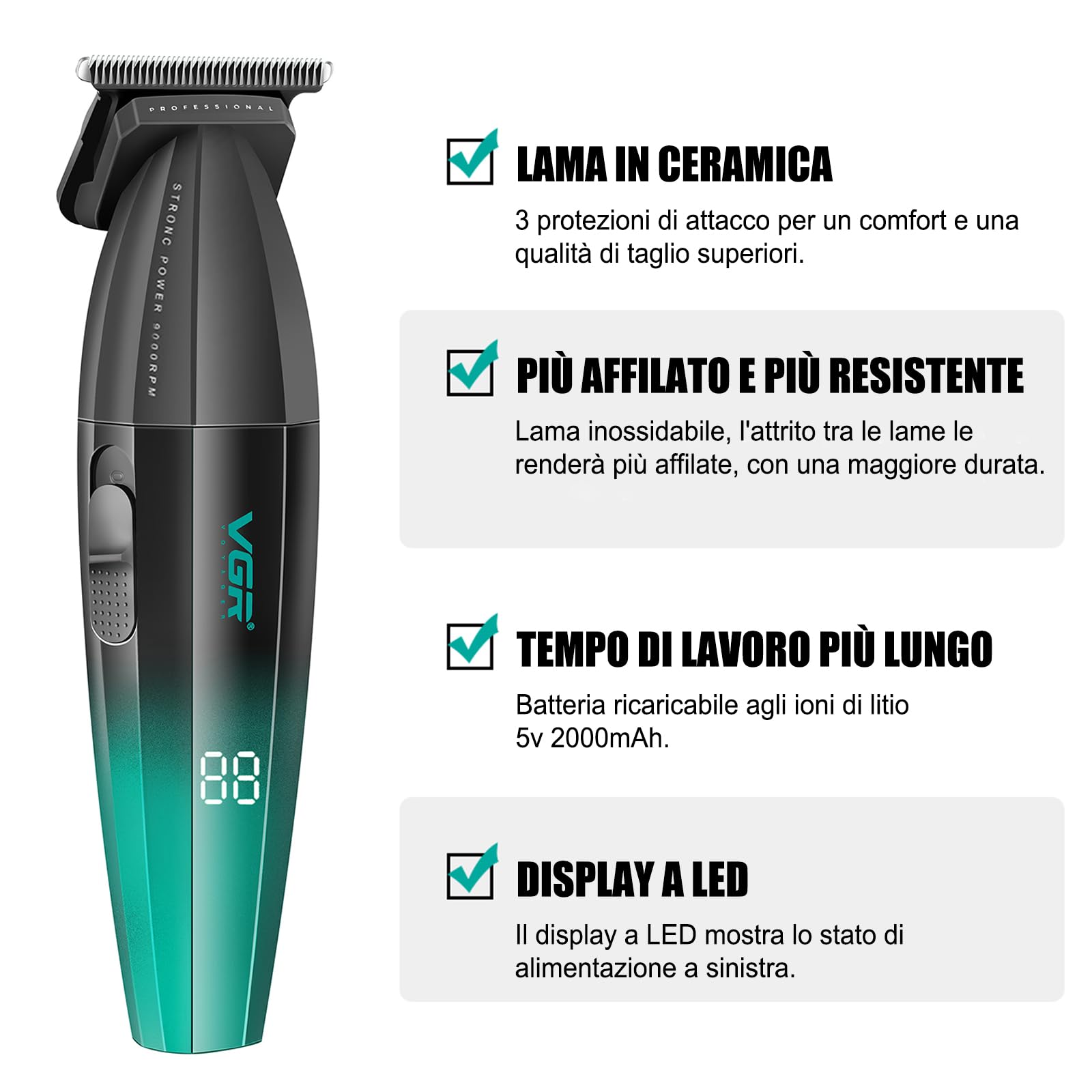 VGR 906 Fresh Fade - Tagliacapelli professionale, Zero Gapped, regolabarba per uomo 9000 giri/min, lama a T DLC senza fili per barbieri e ricaricabile tramite USB, verde