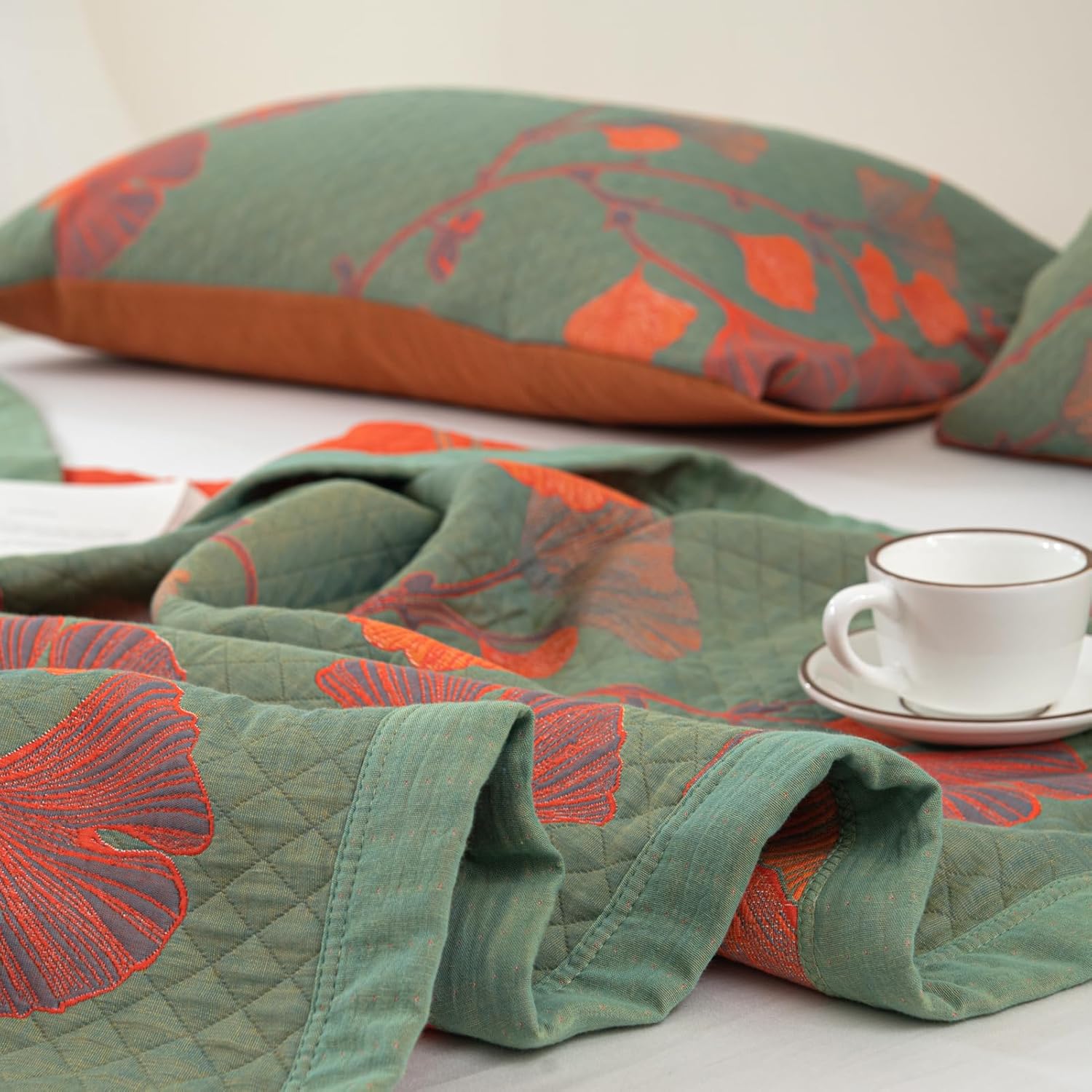 100% Cotton Muslin Blanket Jacquard Green Orange Floral Ginkgo Leaves Quilt, Soft Bed Cover Lightweight Breathable Gauzy Reversible Bedspread Coverlet Twin(59"x94"), No Pillow Sham - Image 6