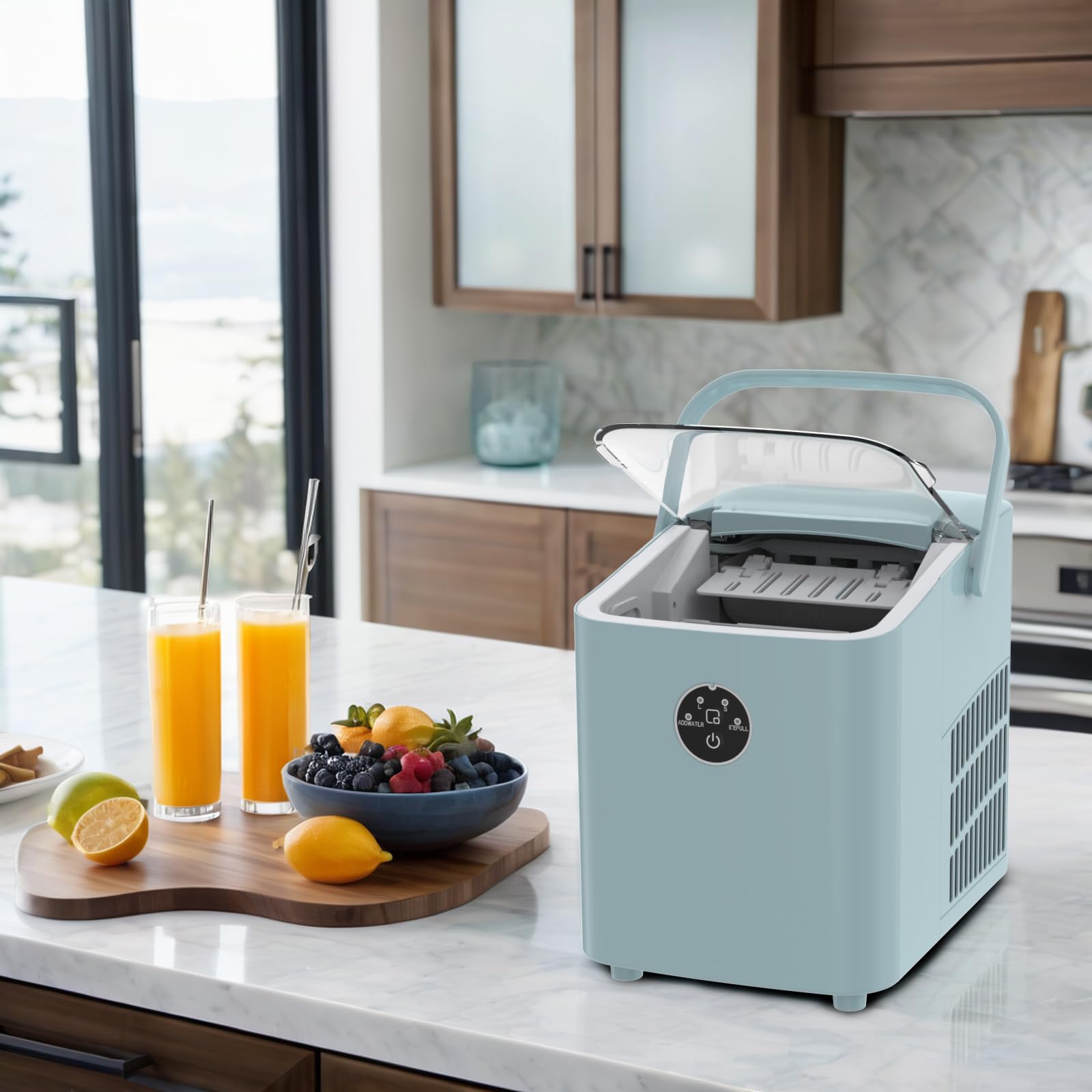Eiswürfelmaschine, Eiswürfelbereiter 8 Würfel in 5 Minuten fertig, 14 KG in 24 Stunden, Selbstreinigende Kleine Eiswürfelmaschine, 2 Eiswürfel Größen für Küche, Büro, Bar und Party