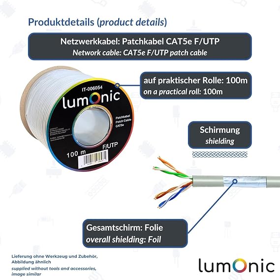 Lumonic 100m Netzwerkkabel CAT 5e F/UTP I CAT5e-kabel Gigabit Lan Kabel Ethernet Kabel I Flexibles Patchkabel geschirmt für den Innenbereich bis 100 MHz