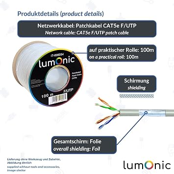 Lumonic 100m Netzwerkkabel CAT 5e F/UTP I CAT5e-kabel Gigabit Lan Kabel Ethernet Kabel I Flexibles Patchkabel geschirmt für den Innenbereich bis 100 MHz