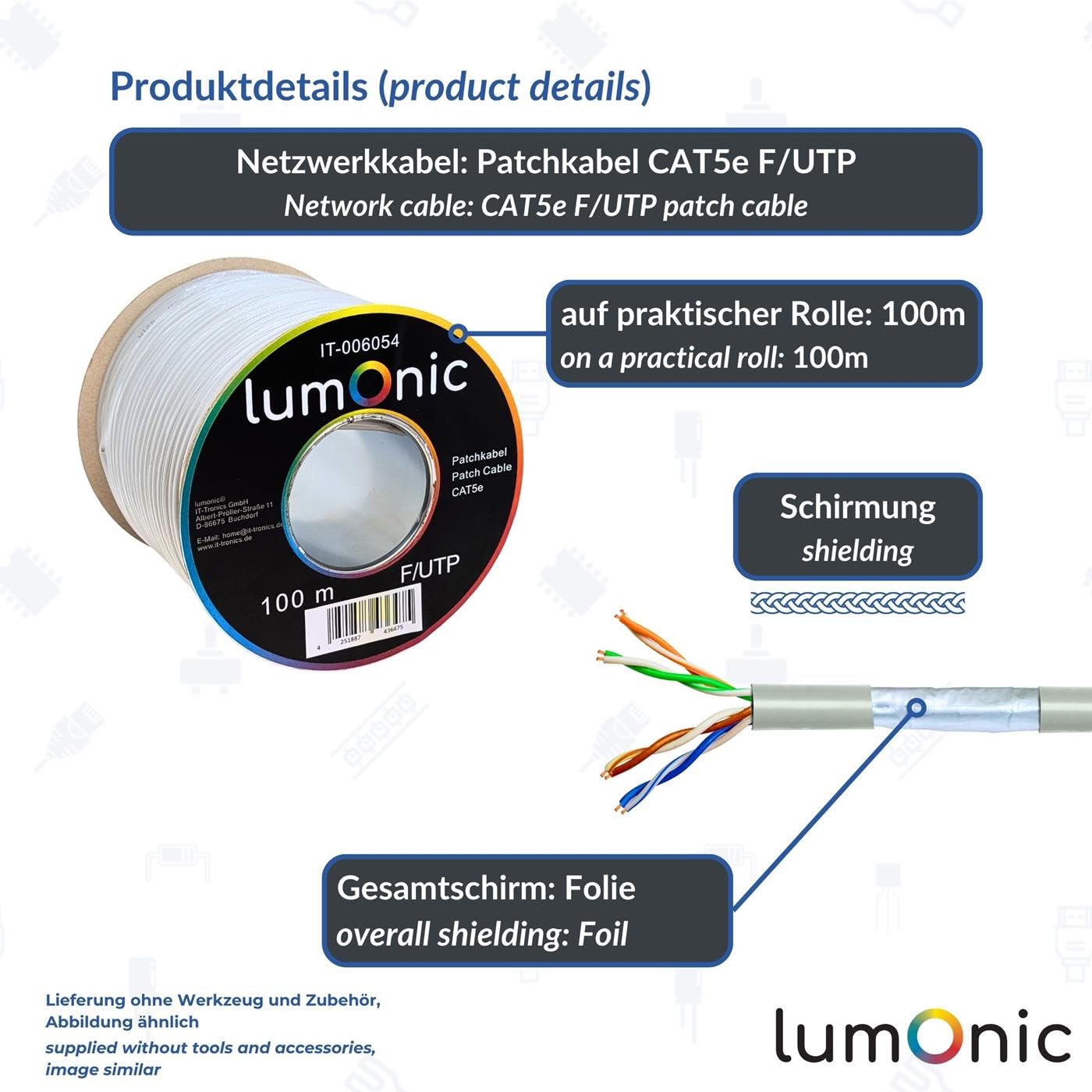Lumonic 100m Kabel sieciowy CAT 5e F/UTP I CAT5e-kabel, Gigabit Lan Kabel, Ethernet Kabel I Ekranowany elastyczny kabel krosowy, do uzytku wewnatrz pomieszczen do 100 MHz