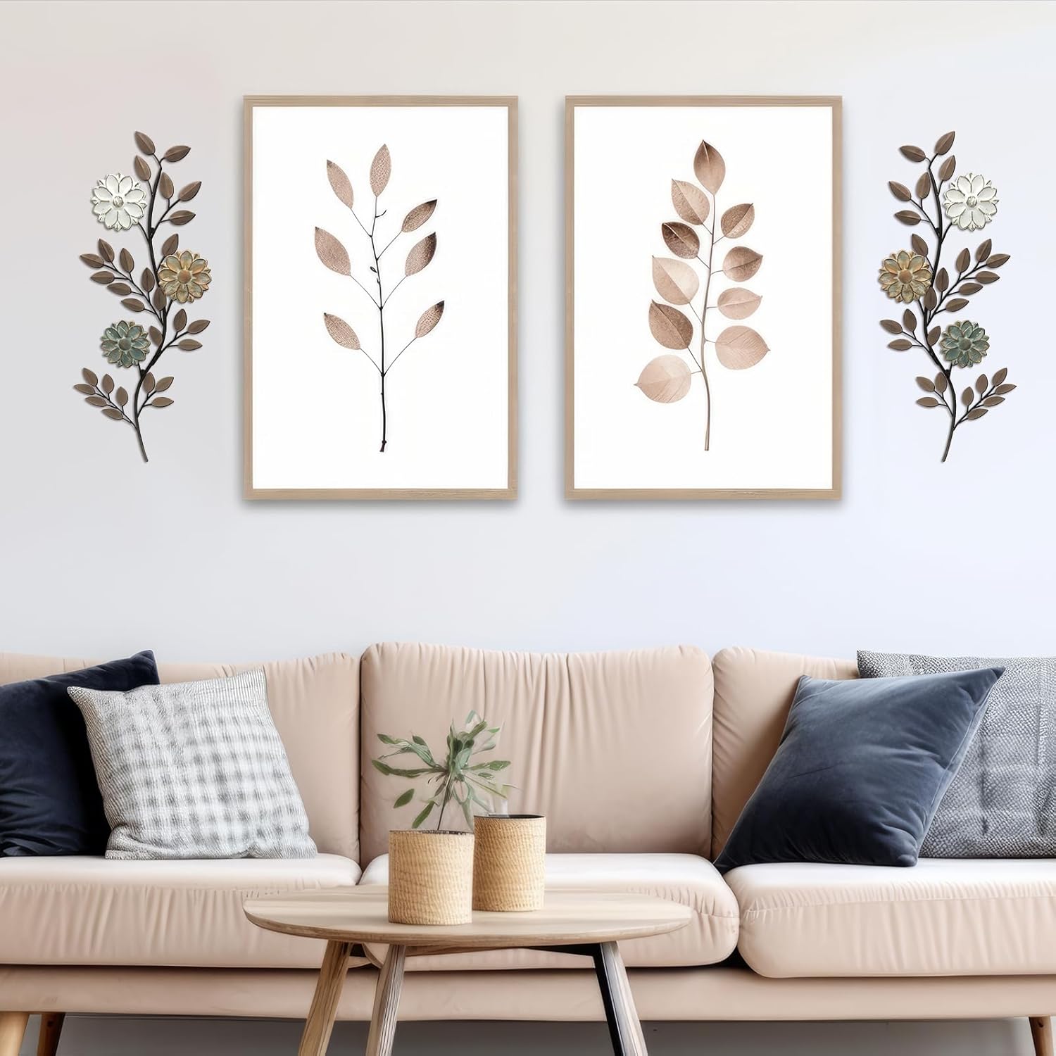 MorningRo 2 Pcs Metal Flower Leaves Wall Art Spring Wall Decor Living Room, 15.75 Inch Vintage Rustic Branch Leaf Wrought Iron Scroll Art Decor for Spring Bedroom Indoor Outdoor Decorations(Brown)