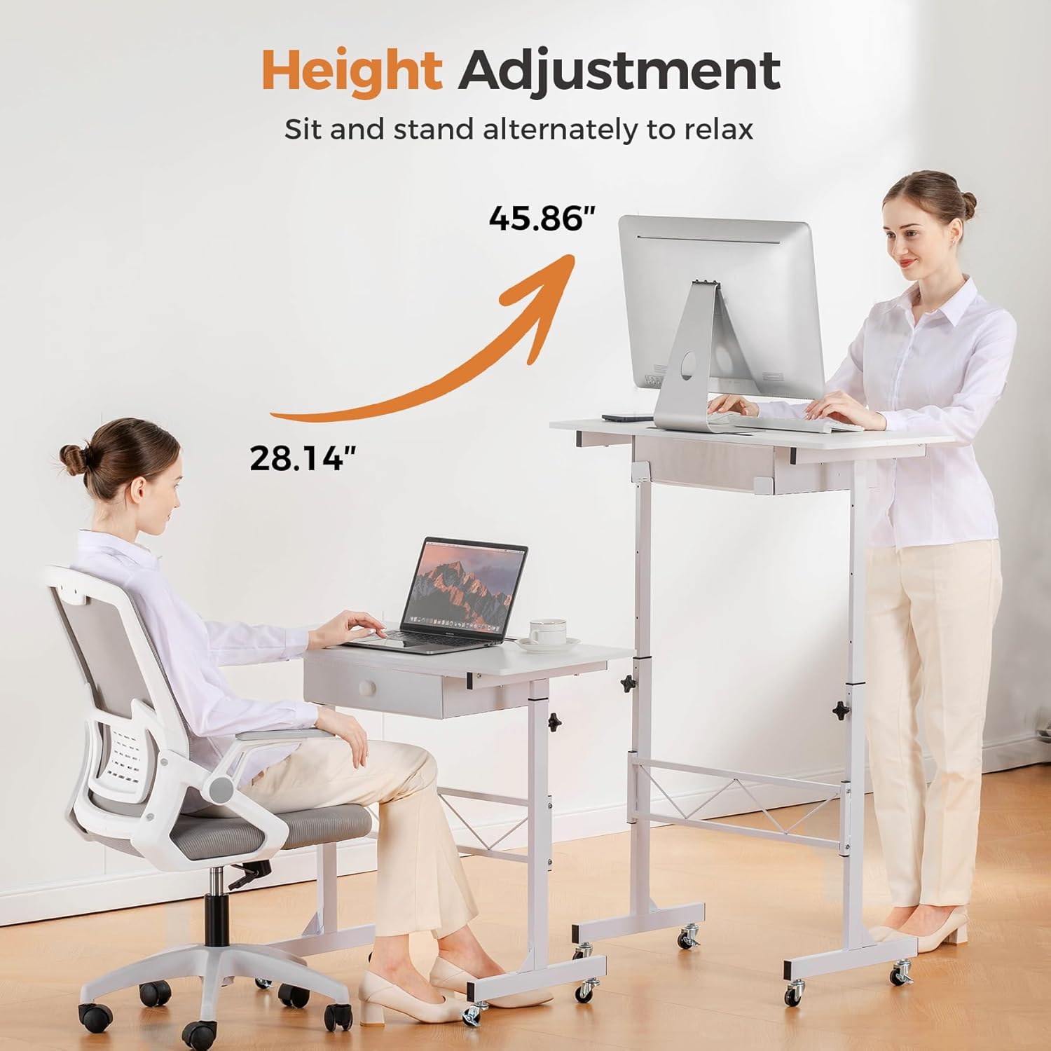 GTPLAYER Small Standing Desk Adjustable Height Small Computer Desk Mobile Portable Rolling Laptop Table with Wheels 32" Computer Workstation Sit Stand Desks Portable Standing Table Treadmill desks