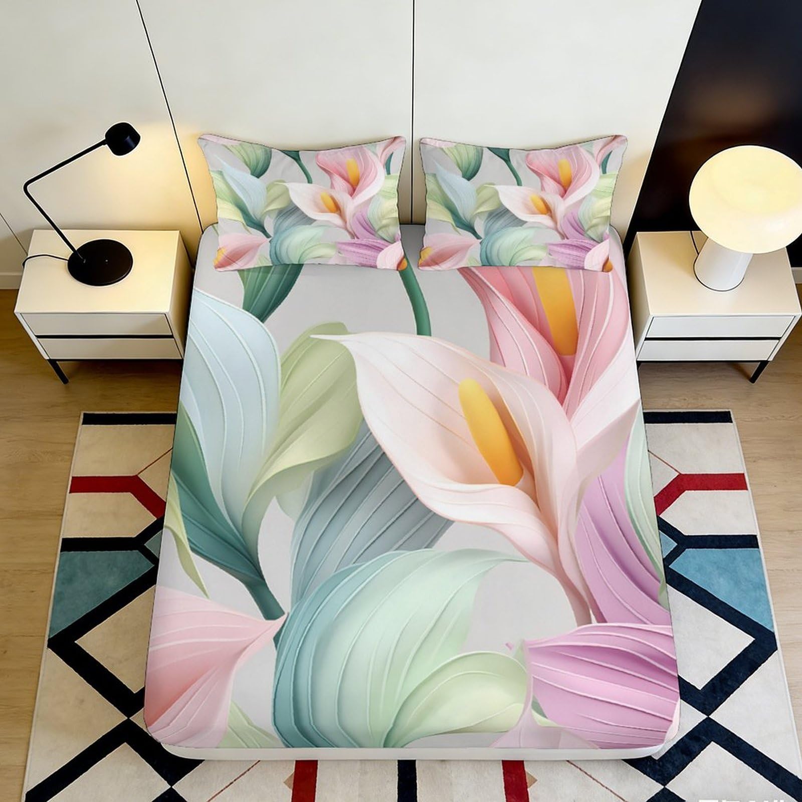 3D Printed Lily Fitted Sheet Microfiber Elastic Hem Bedroom Bedding Lily Mattress Fitted Cover Non-Slip Deep Pocket Washable Full Wrap 200x200x25cm 90x200x25cm