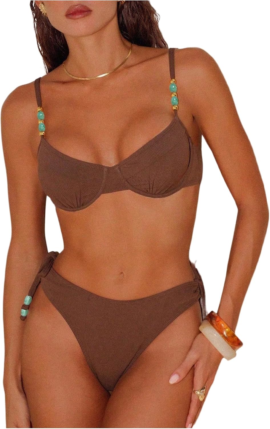 SHENHE Women's Underwire Swimsuits 2 Piece Swimsuits Side Tie Beaded Padded Bathing Suits