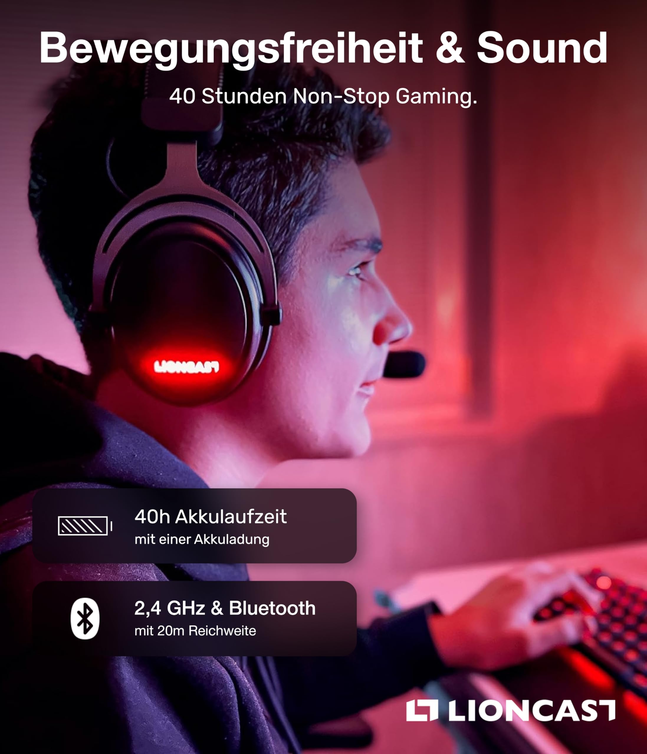 Lioncast LX80 - Cuffie da gioco con microfono wireless [batteria da 40 ore, compatibile con PS5, Nintendo Switch, Switch 2, Xbox - Gaming Headset PC - Cuffie senza fili Bluetooth