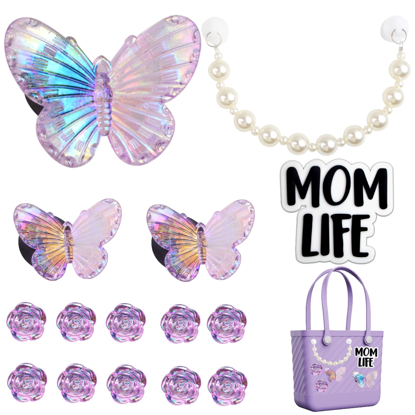 Photo 1 of 14Pcs Purple Charms for Bogg Bag, Momlife Butterfly Roses Flower Pearl Chain, Bogg Bag Accessories for Women Rubber Beach Bog Totes Handbags