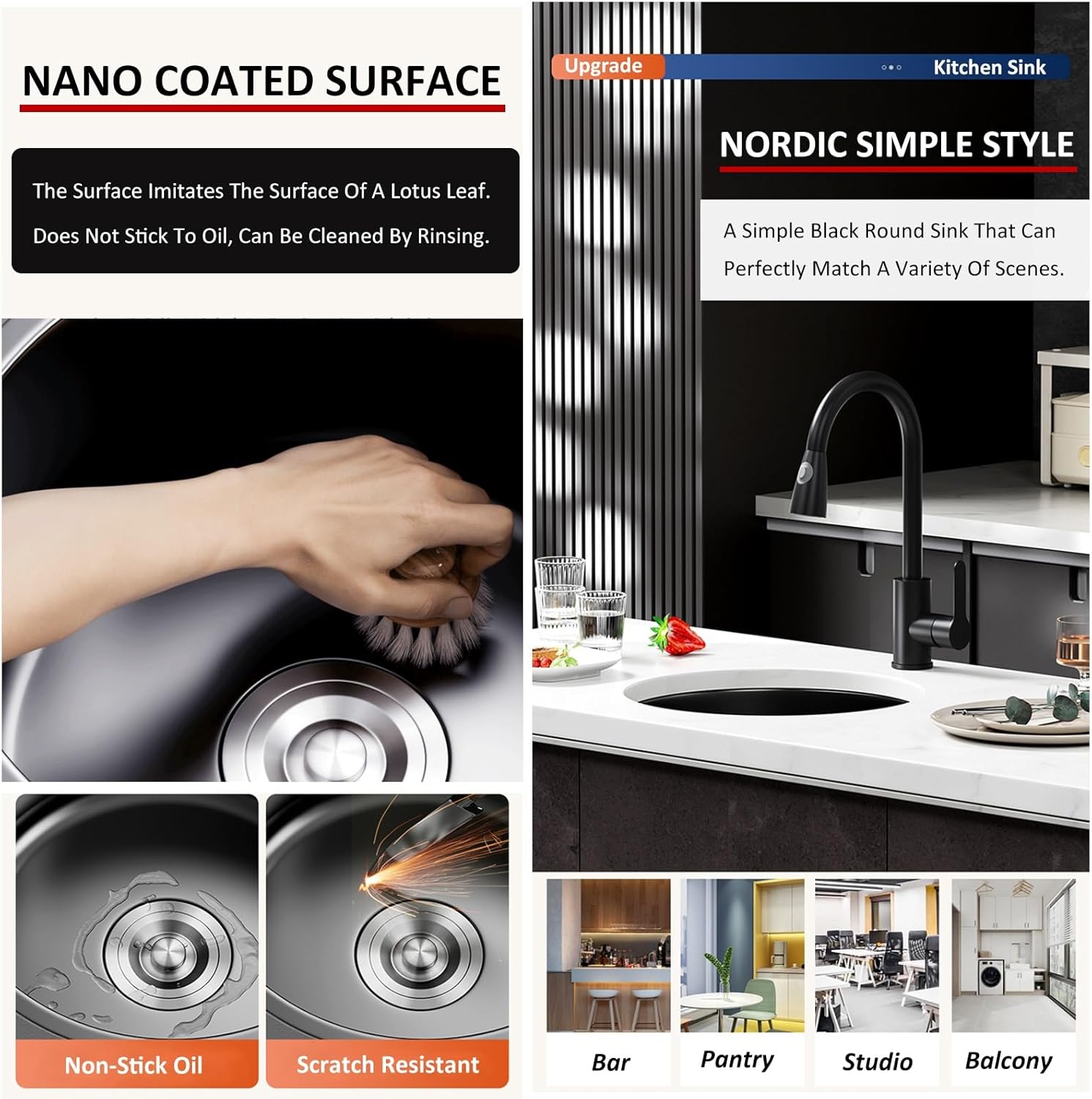 Round Small Bar Sink With Pull-Out Faucet, Angle Valve, Water Inlet Pipe And Drain Set, Black Kitchen Bar Sink, 304 Stainless Steel Bar Prep Sink, Small Dishwashing Sink ,One Color-40x40x20cm
