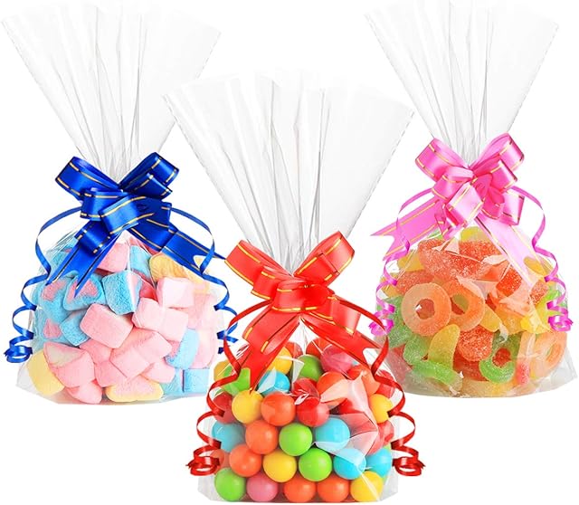 Anstore 100 Clear Cellophane Treat Bags, Sweet Party Gift Bags OPP Plastic Bags with 100 Pull Bows and 100 Twist Ties,Valentine's Day Gift Bag for Candy Soap Cookie Chocolates, 15 x 25 cm