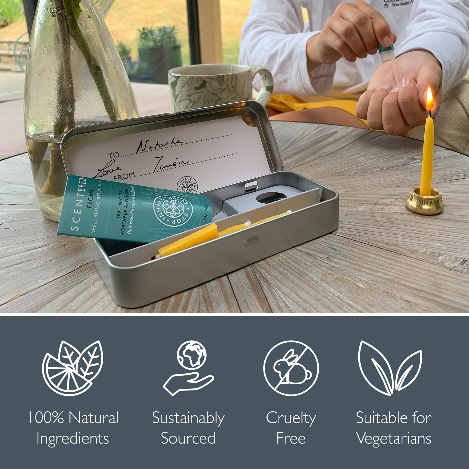 Scentered Aromatherapie-Balsam & Meditationskerzen-Set – Achtsame Entfliehungsentspannung – x12 Bienenwachskerzen mit Messinghalter und 1 Balsam aus ätherischem Öl