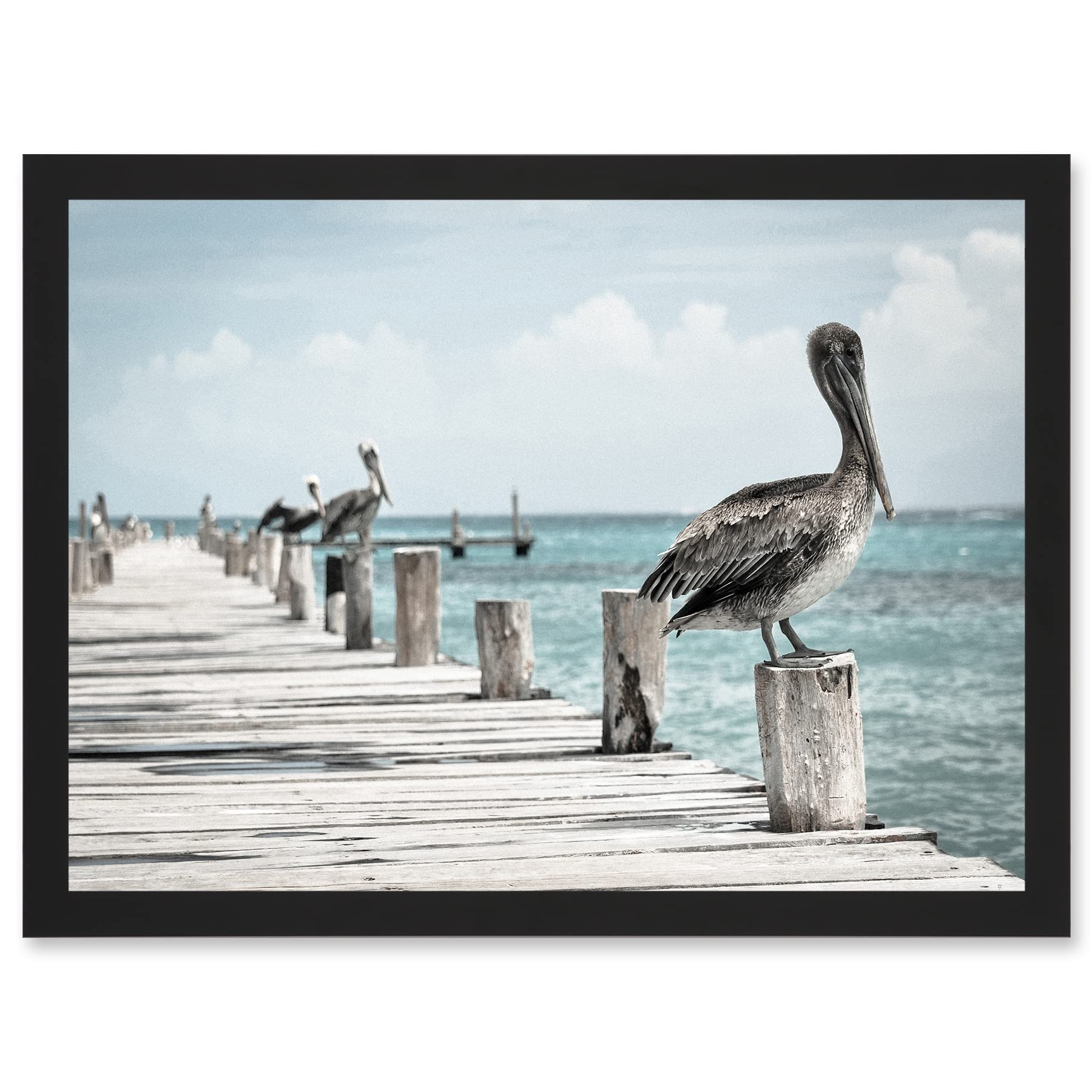 Artery8 Animal Photo Bird Pelicans Ocean Pier Artwork Framed Wall Art Print A4