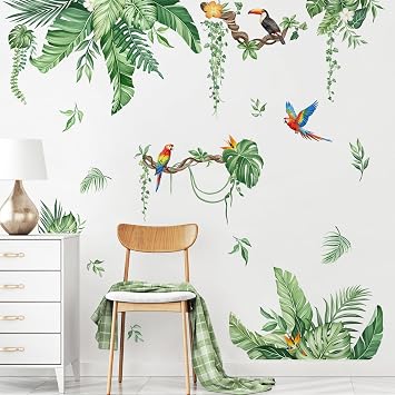 Tropical Jungle Leaves Wall Decals Peel and Stick Green Tropical Plants Hanging Vines Parrots Toucans Wall Art Stickers for Living Room Bedroom Nursery TV Sofa Background