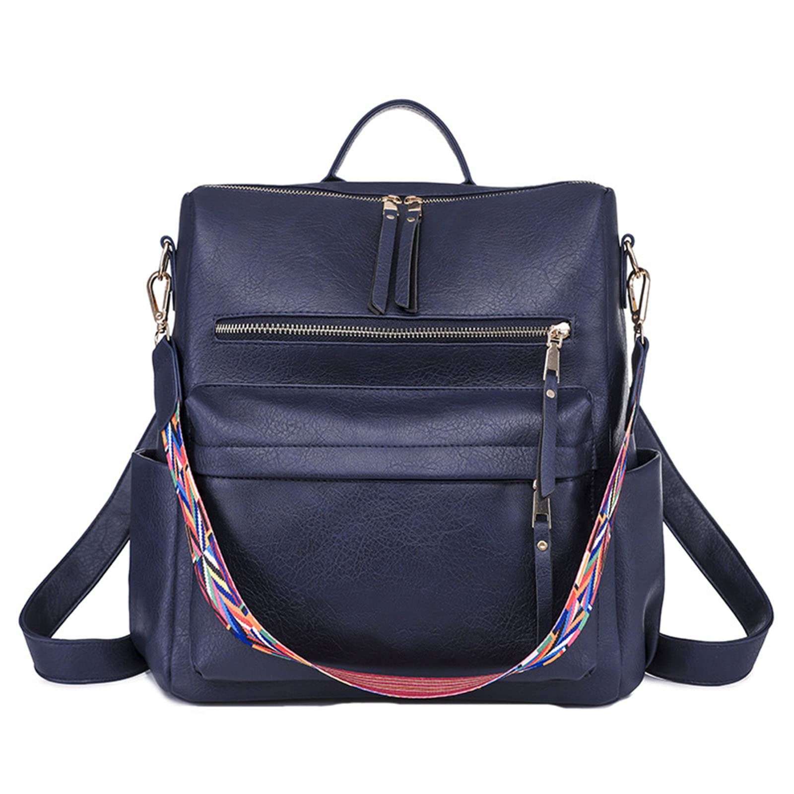 Sac à dos tendance en cuir pour femme - Grand sac à dos de designer pour voyage - Sacs à bandoulière tendance pour femme - Sac à dos messager en cuir, bleu marine, taille unique